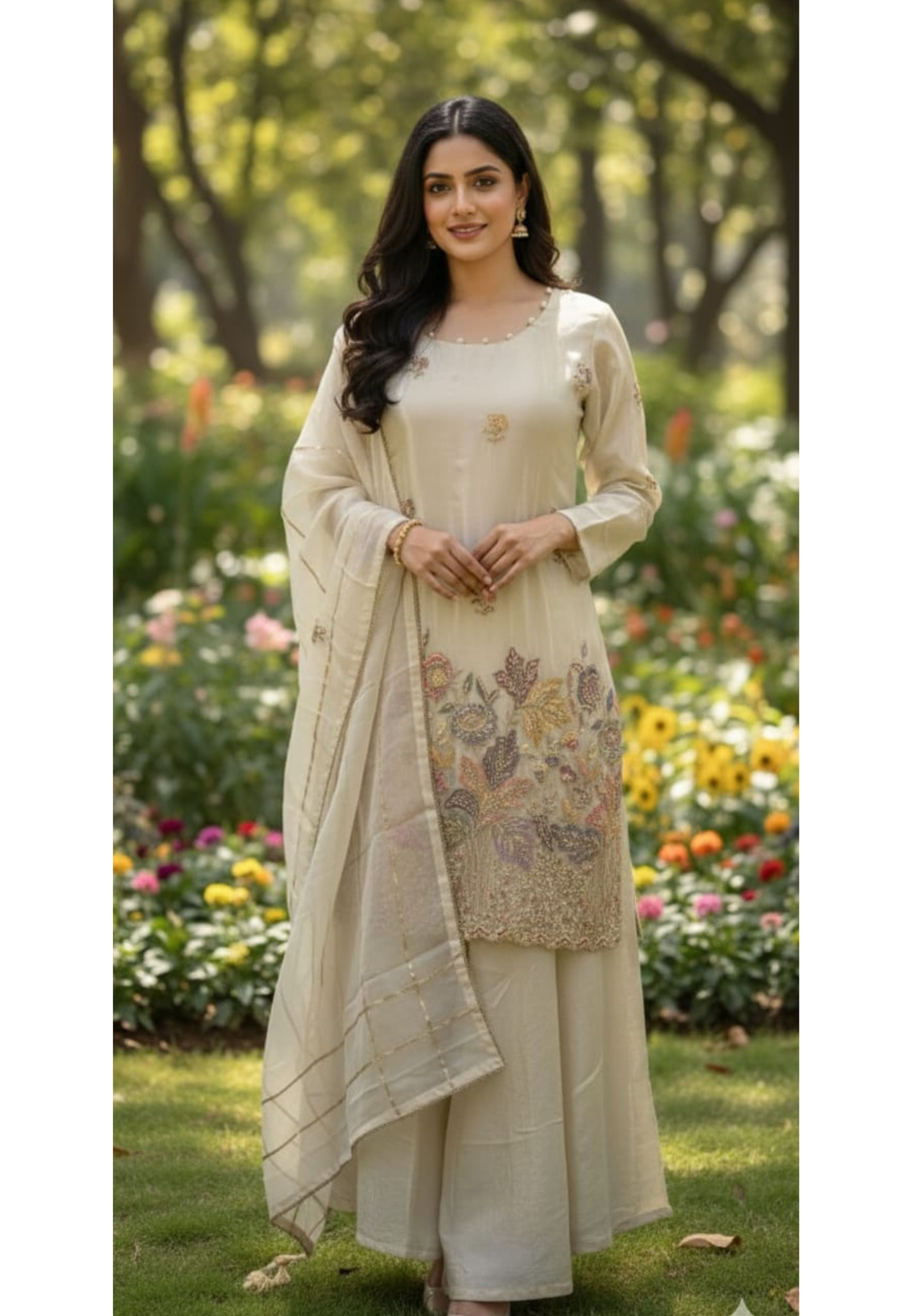 Ivory Embroidered Suttle Elegant Tissue Full Suit Set With Dupatta- 13546