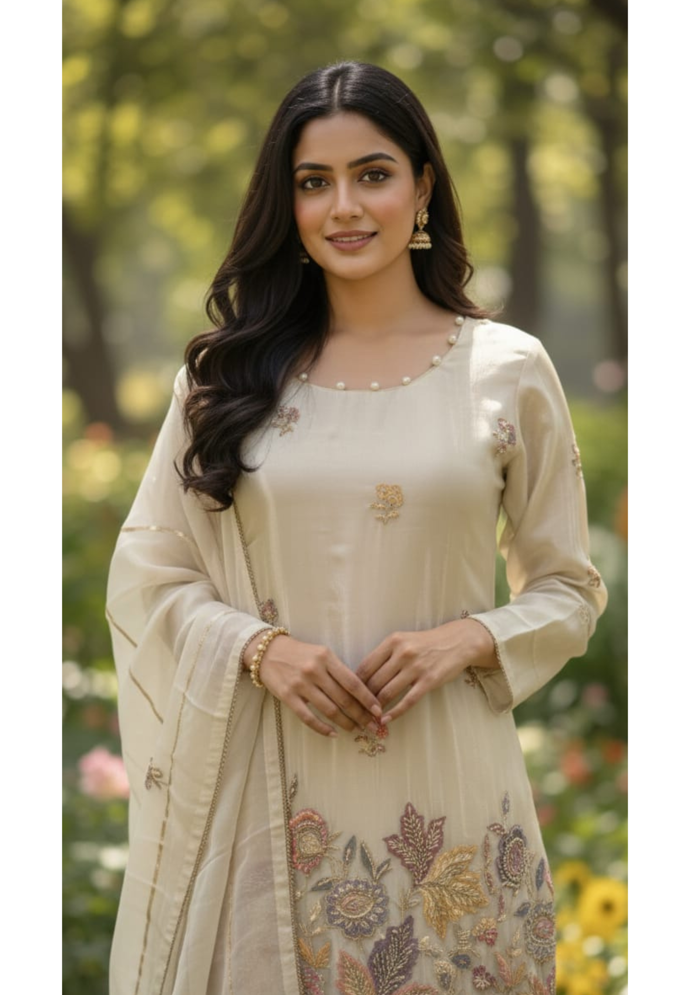 Ivory Embroidered Suttle Elegant Tissue Full Suit Set With Dupatta- 13546