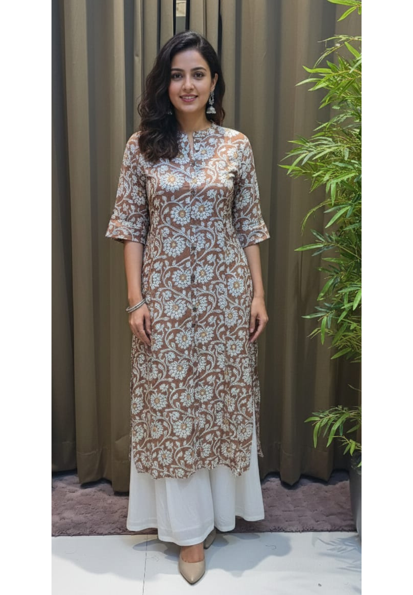 Soft Brown Elegance Floral Printed Kurti Only In Cotton Fabric- (Dispatching After 1 Week)