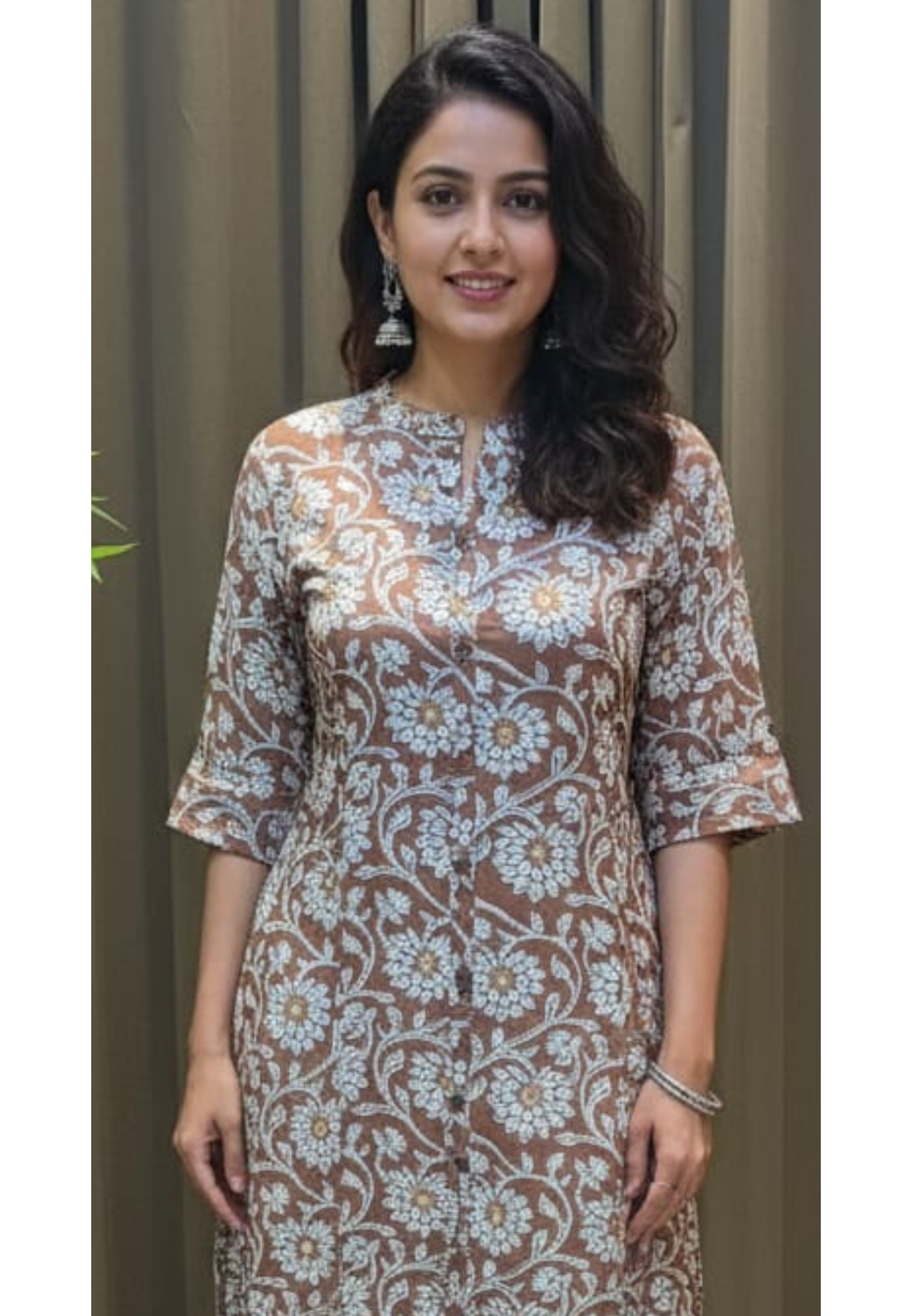 Soft Brown Elegance Floral Printed Kurti Only In Cotton Fabric- (Dispatching After 1 Week)