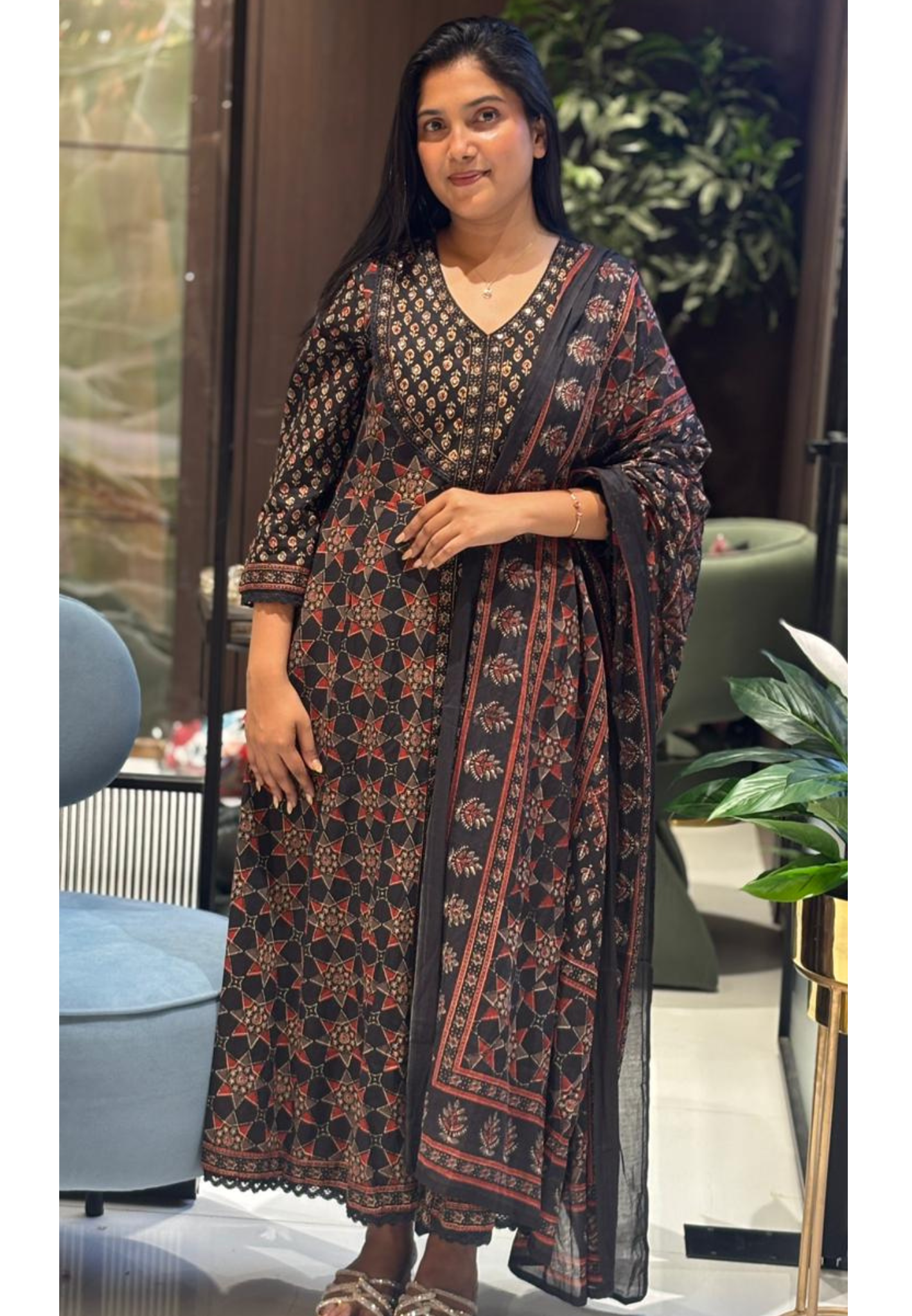 Cotton Black Ajrakh-Inspired Rust Geometric Printed Flared Panel Detailing Anarkali Full suit