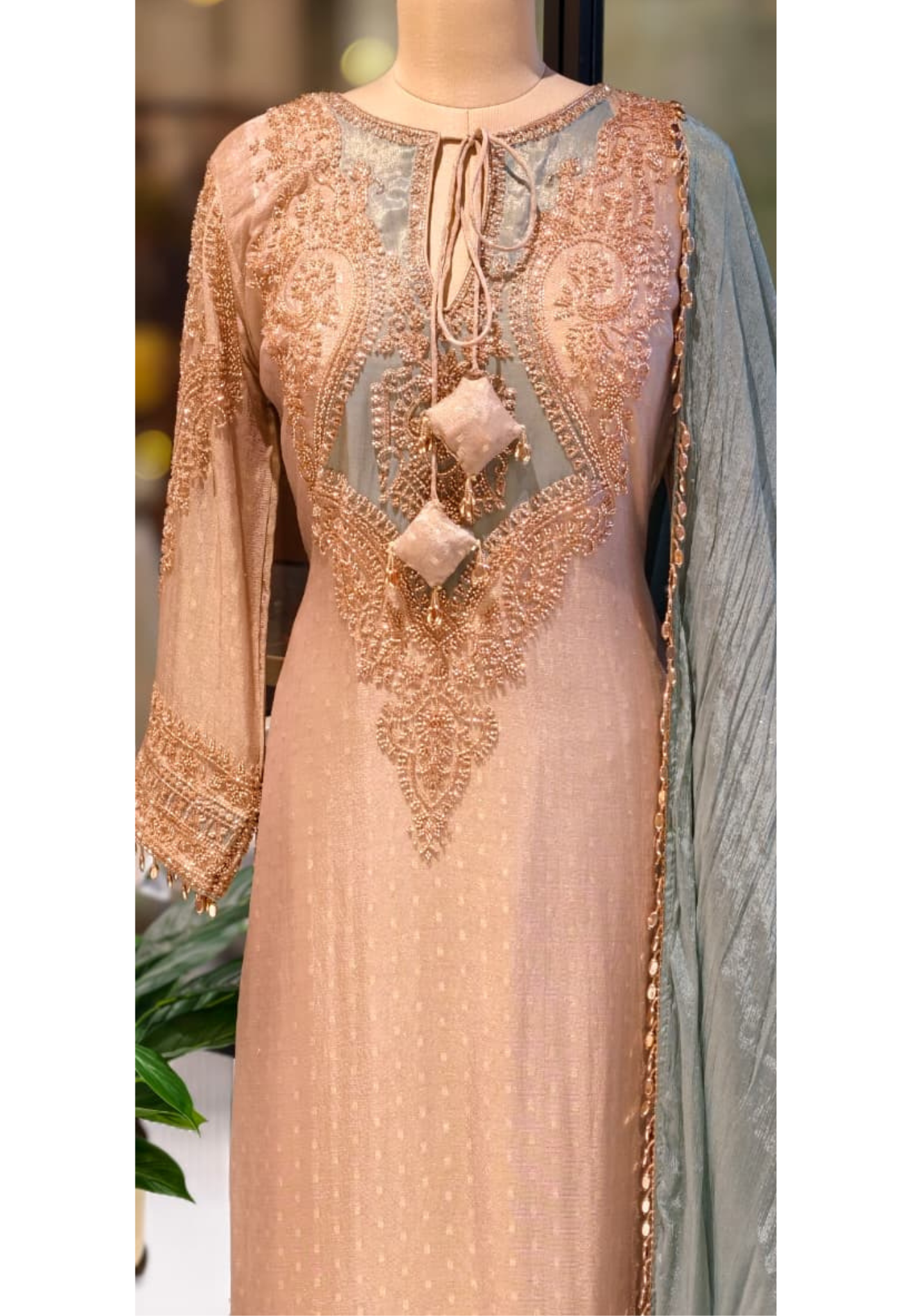 Royal Jade Hand-Embellished Premium Sheer High-End Pure Pakistani Full Suit Set With Tasseled Dupatta