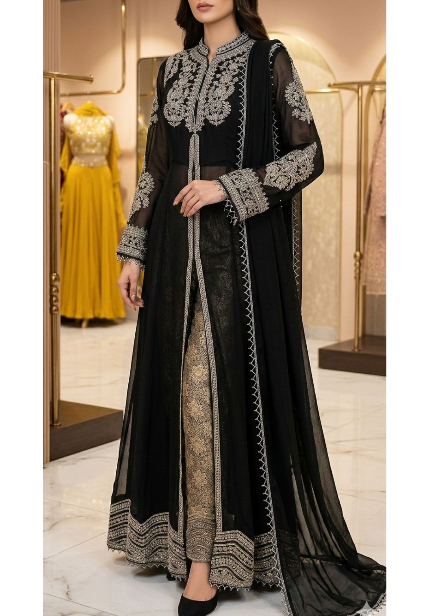 Midnight Grace Onyx Silver Cut-Dana Hand-Embellished Front Slitted Anarkali With Bottom & Dupatta- 13745