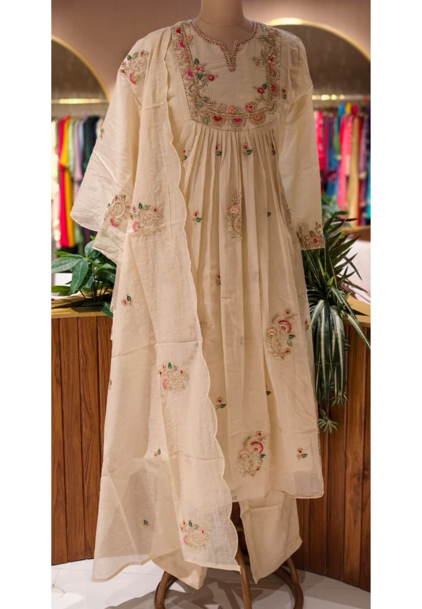 Ivory Dainty Floral Embroidered A-Line Full Suit Set With Dupatta In Mul-Chanderi Fabric-13771