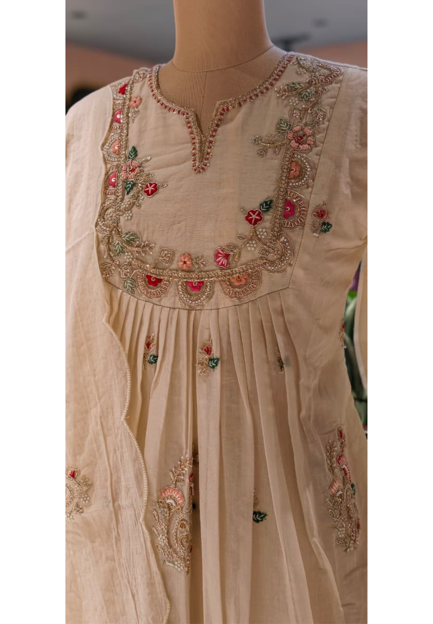 Ivory Dainty Floral Embroidered A-Line Full Suit Set With Dupatta In Mul-Chanderi Fabric-13771