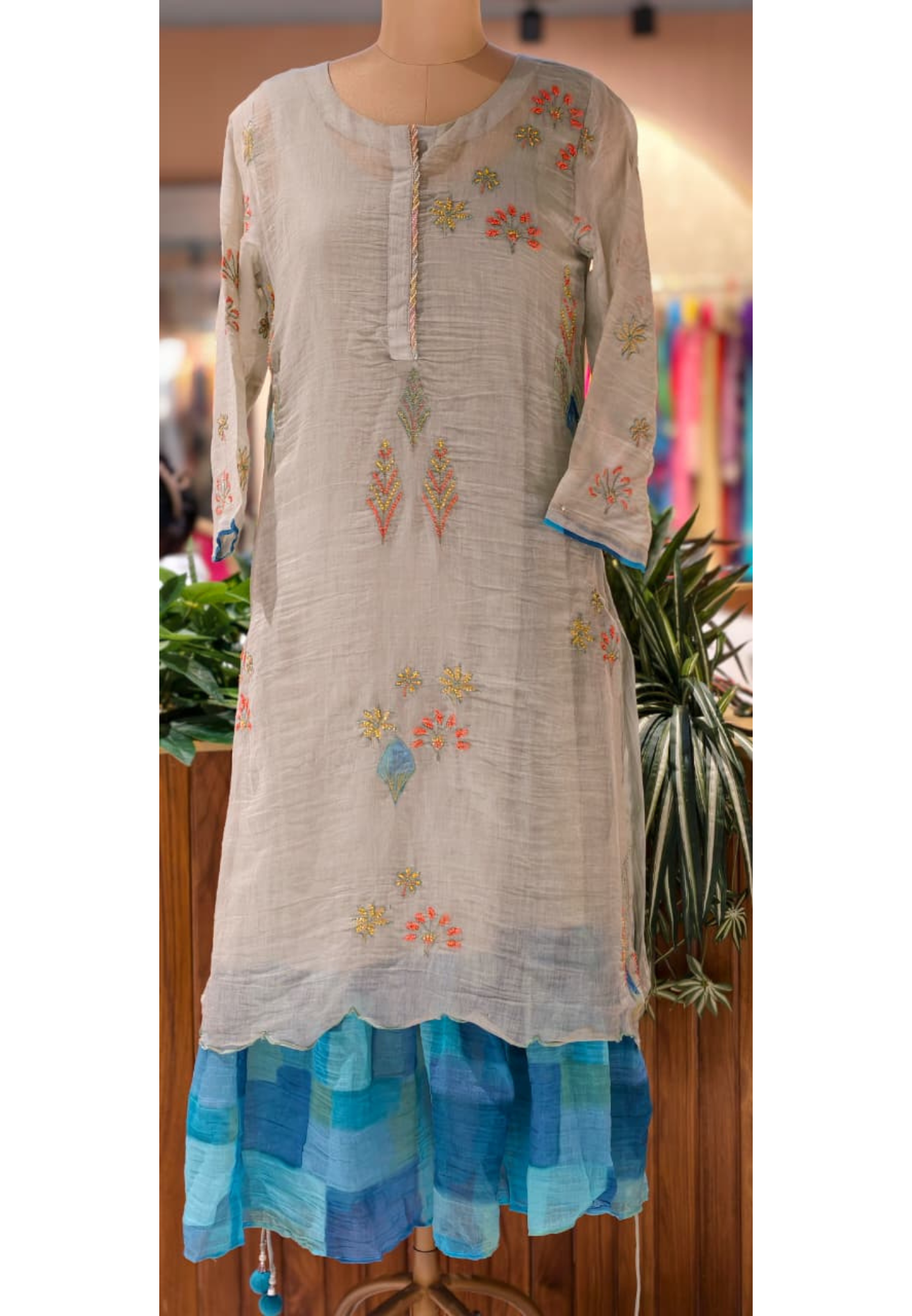 Maized Floral Fine Embroidery Ash Toned Double Layered Gown In Pure Mul Chanderi Fabric(Slightly Lean Fit)- 13772