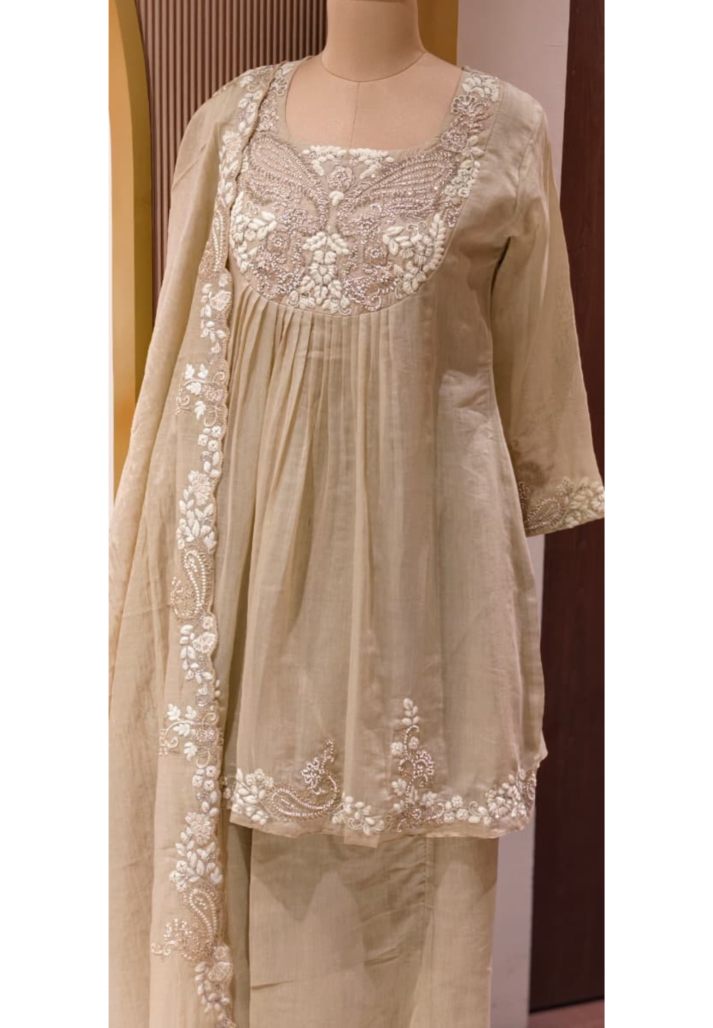 Zardosi Rich Look Yoke Suttle Short Length A-Line Full Suit Set With Loose Bottom In Mul Chanderi Fabric- 13722