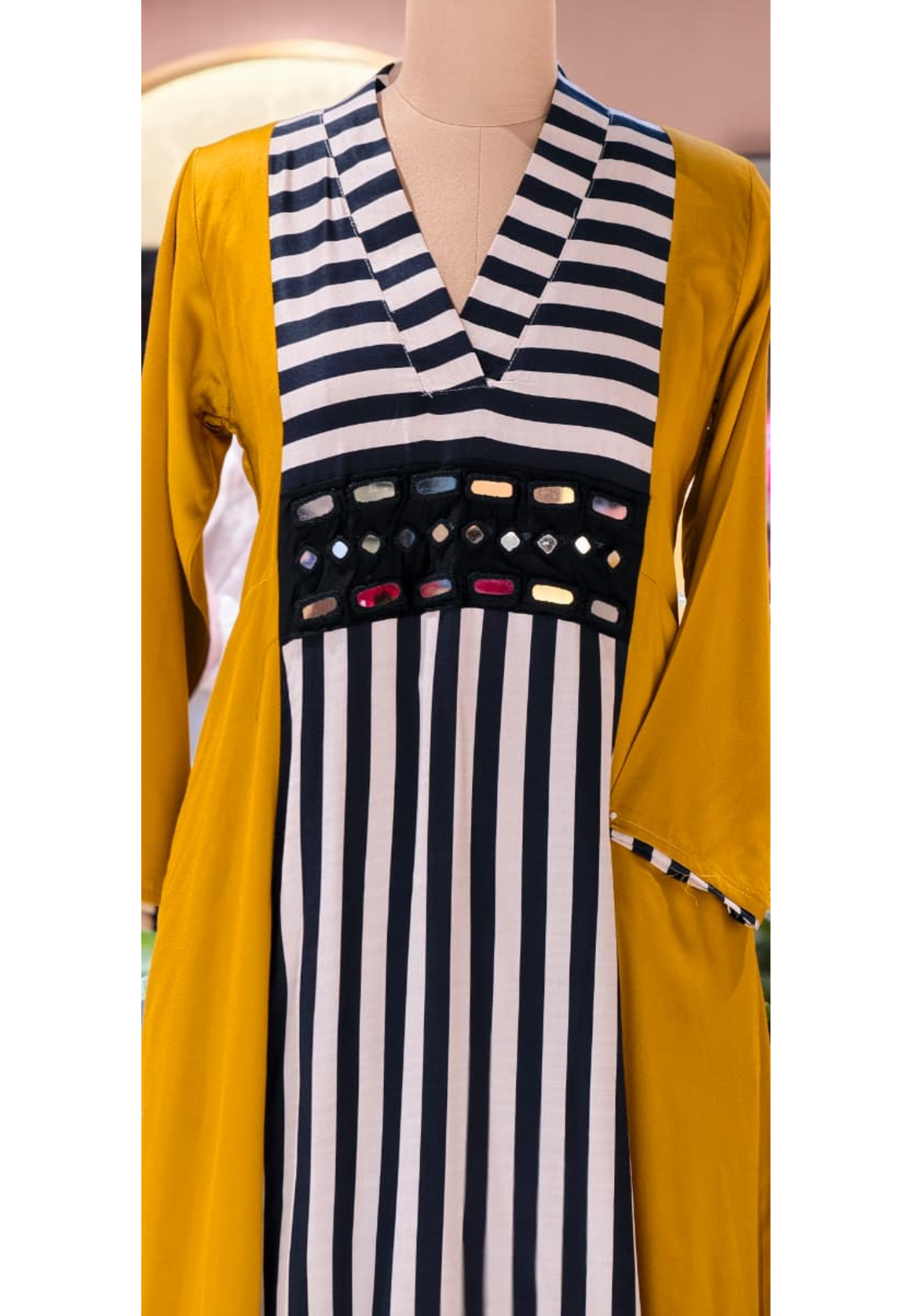 Striking Striped Real Mirror Work Stylish A-Line Kurta With Bottom Set In Gajji Silk Fabric- 13729