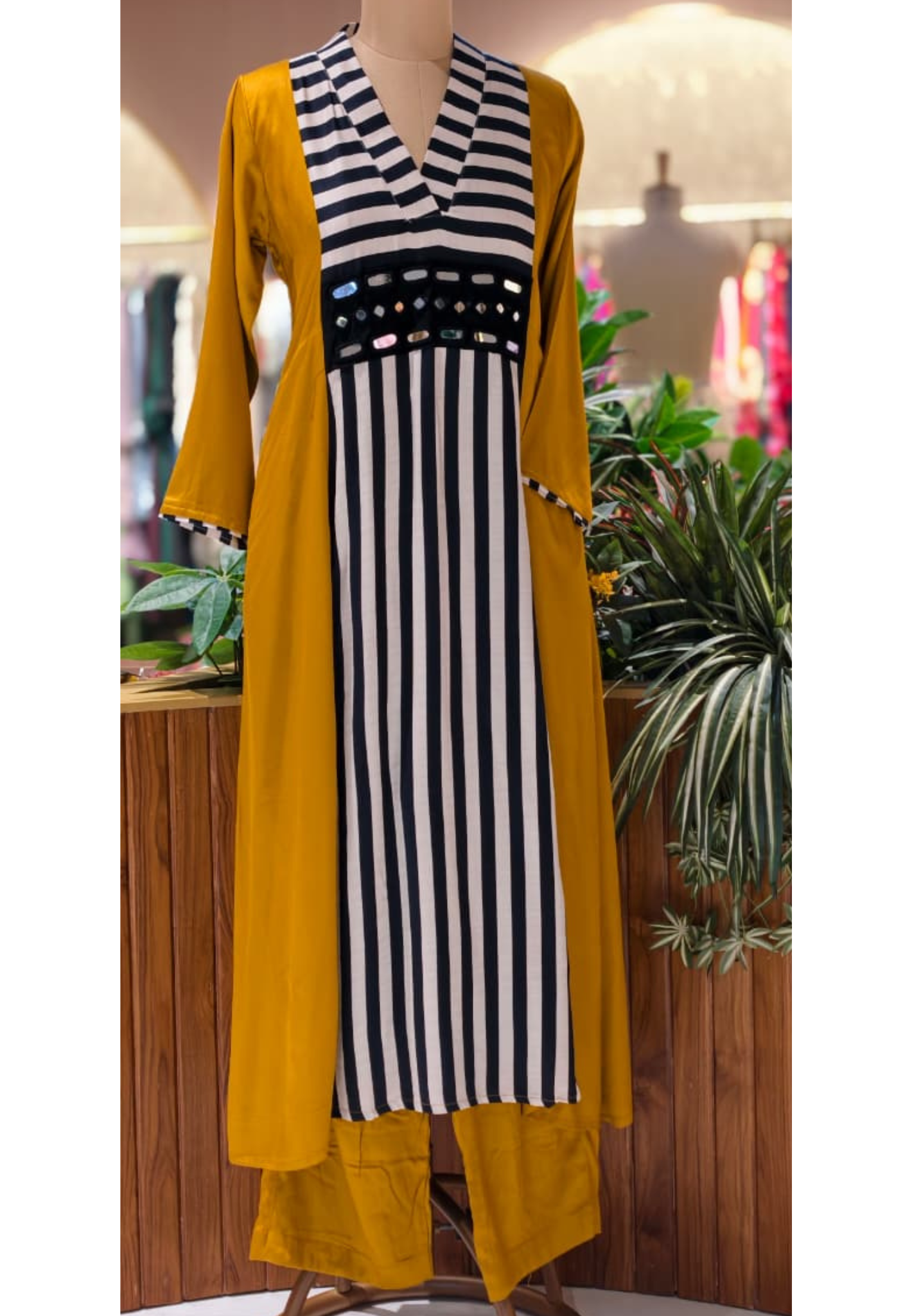 Striking Striped Real Mirror Work Stylish A-Line Kurta With Bottom Set In Gajji Silk Fabric- 13729