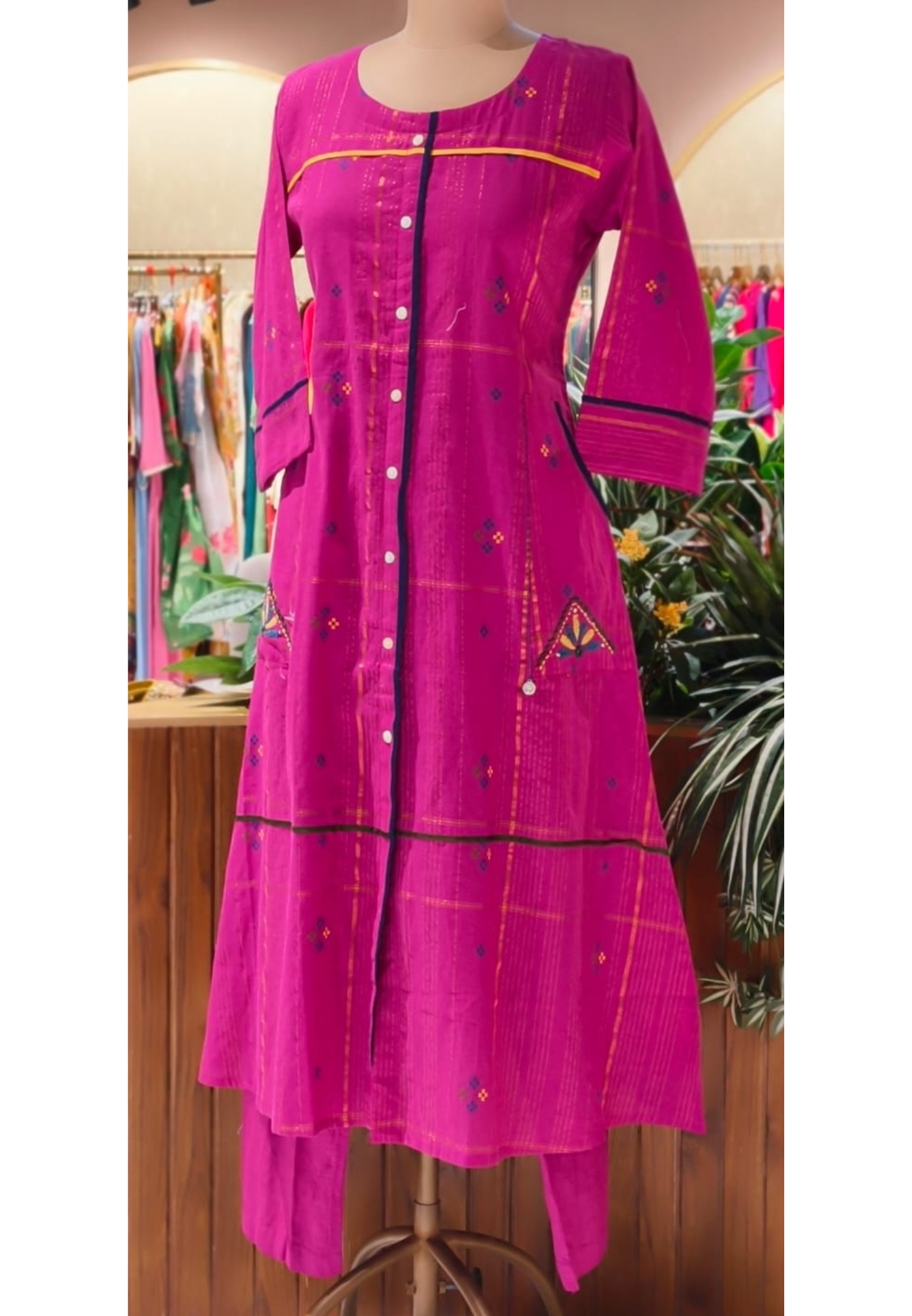Minimal Embroidered Work Casual Wear A-Line Kurta With Bottom In Cotton Fabric- 13645