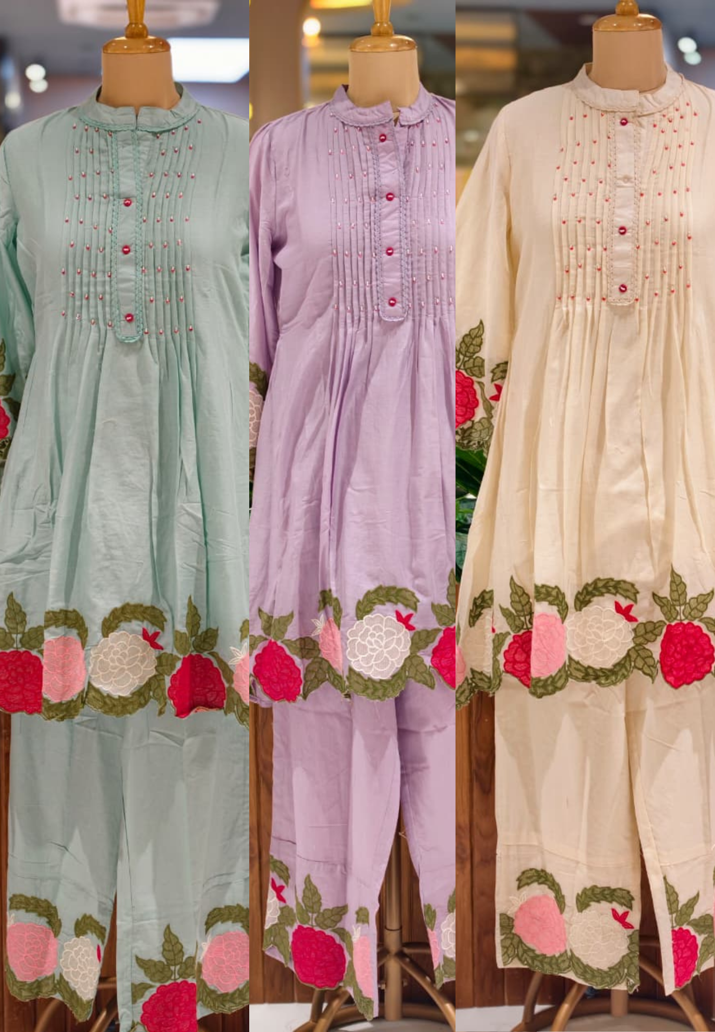 Bold floral embroidery Elegant A-Line Kurta Set in Surat Mul Cotton 13972 RB35