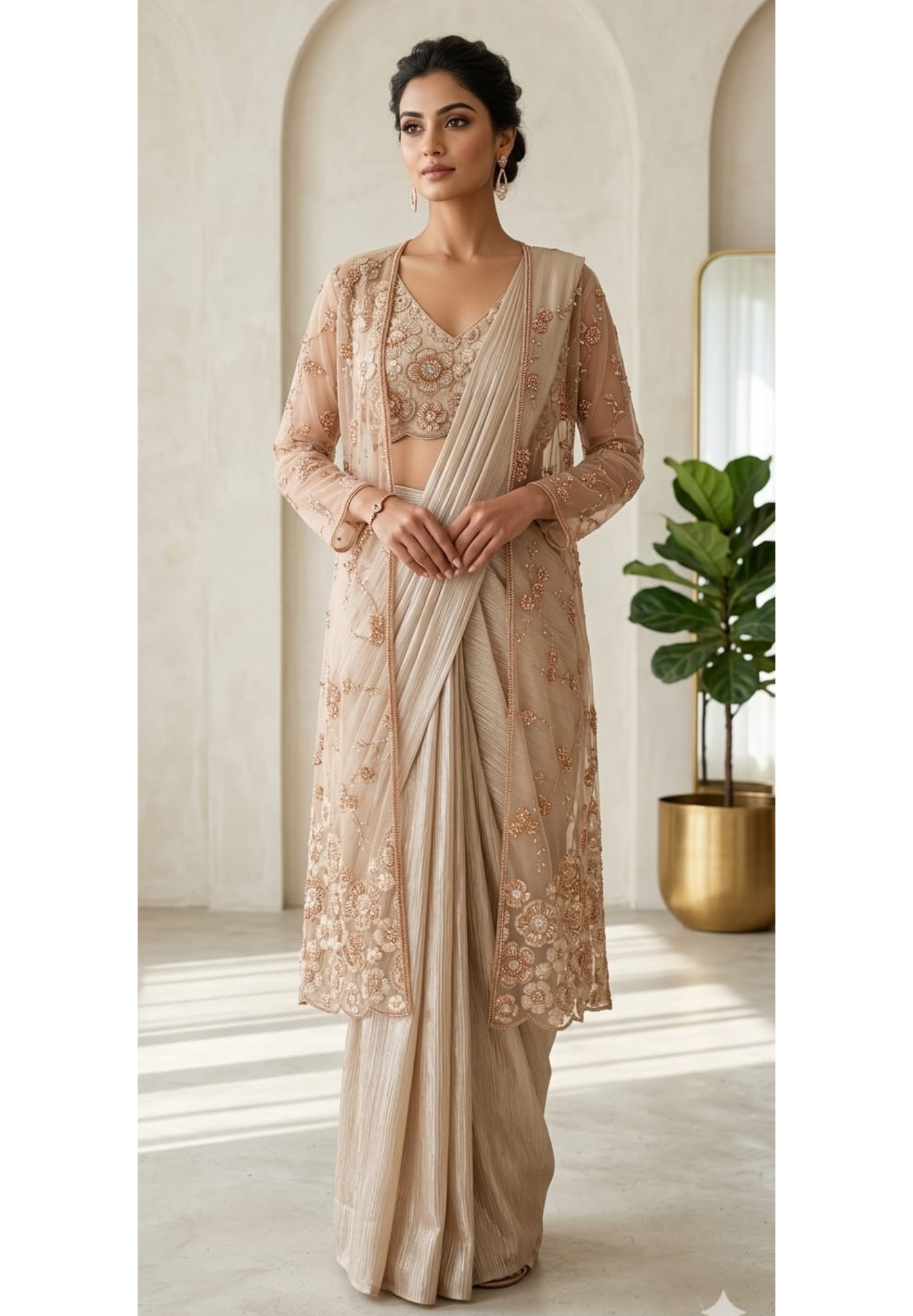 Champagne Beige Embroidered Drape Saree Set with Floral Blouse & Sheer 14097 RB73