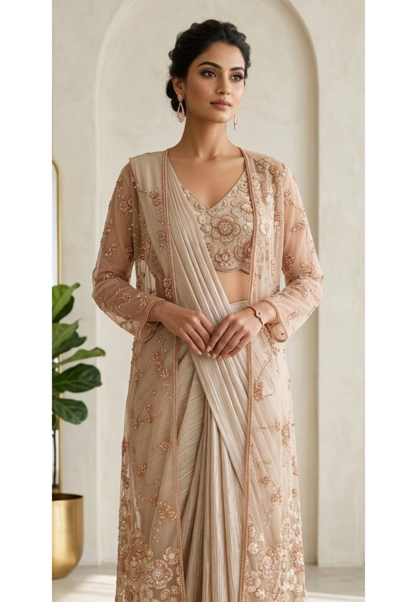 Champagne Beige Embroidered Drape Saree Set with Floral Blouse & Sheer 14097 RB73