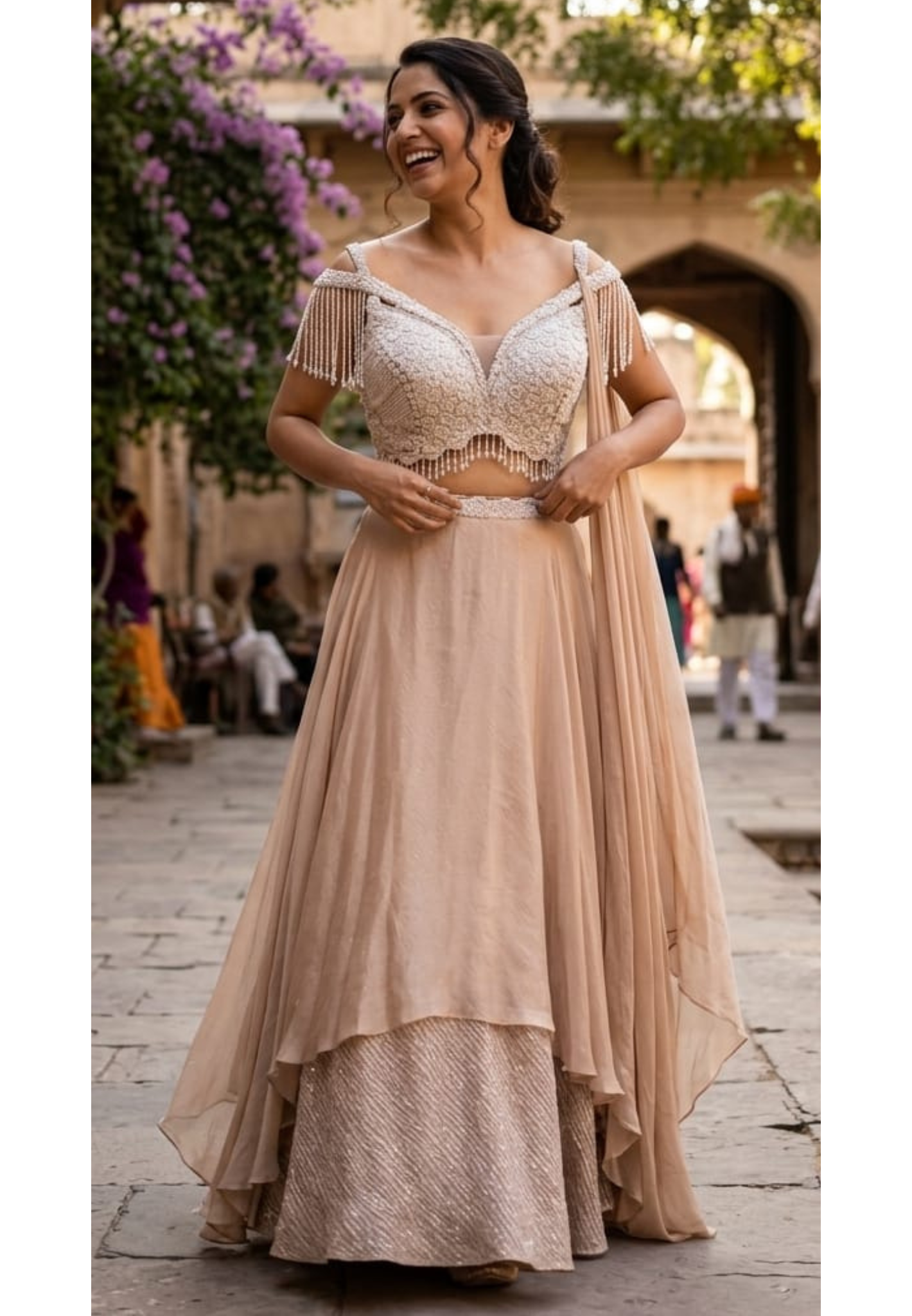 Very Elegant Luxe Hand Worked Crop Top With Shimmery Work All Over Skirt; Cane Cane Inside RB95