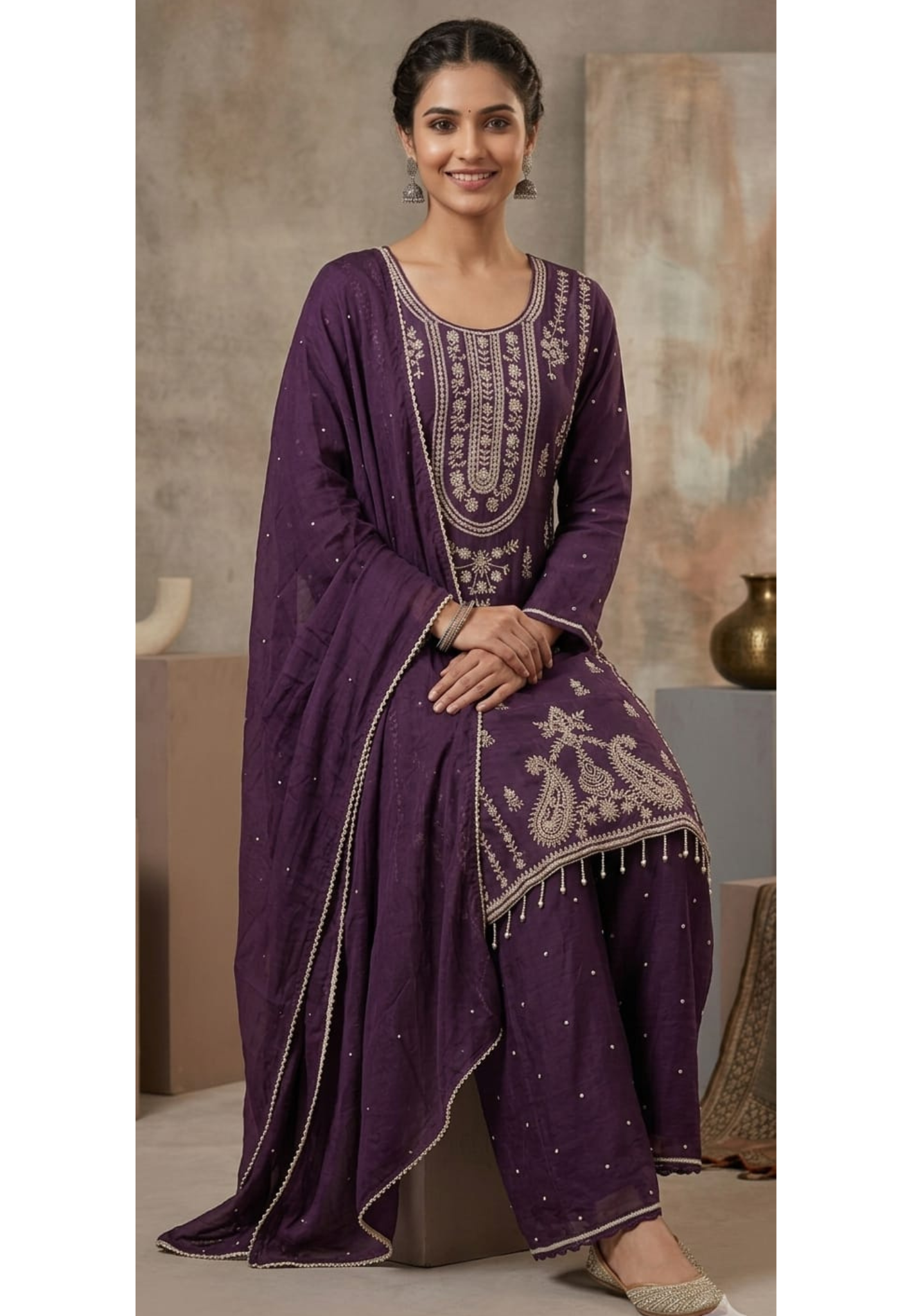 Tiny Floral Intricate Hand Embroirered Detailing Chinon Full Suit Set With Dupatta- 13633