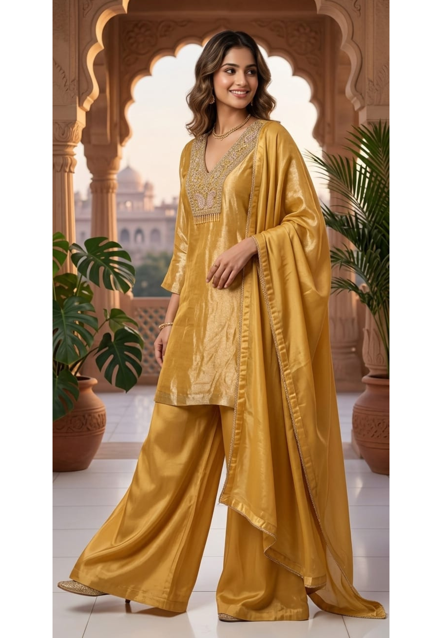 Butter Shine Tissue Elegance Hand Embroidered Tasseled Yoke Party Wear Full Suit Set With Dupatta