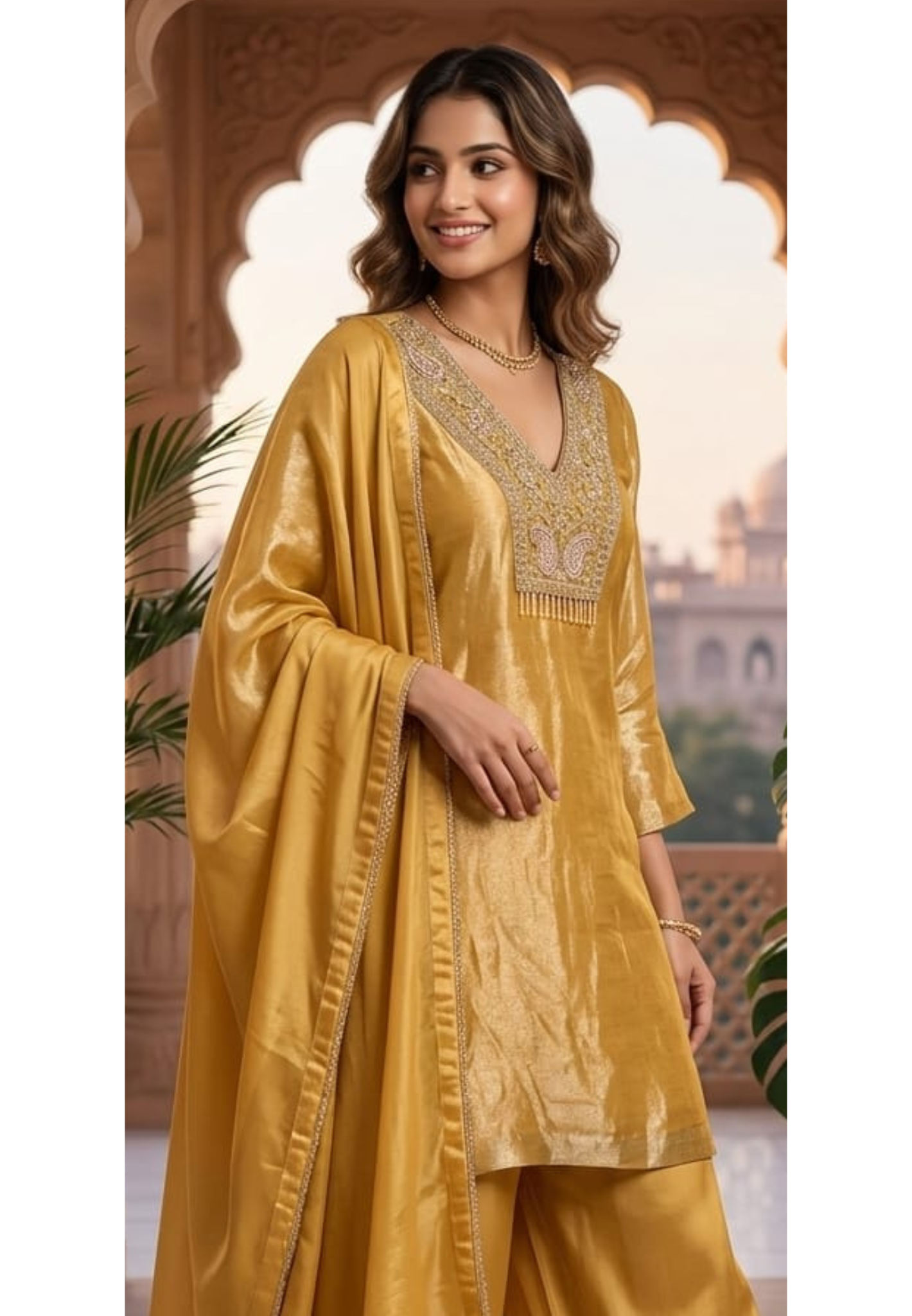 Butter Shine Tissue Elegance Hand Embroidered Tasseled Yoke Party Wear Full Suit Set With Dupatta