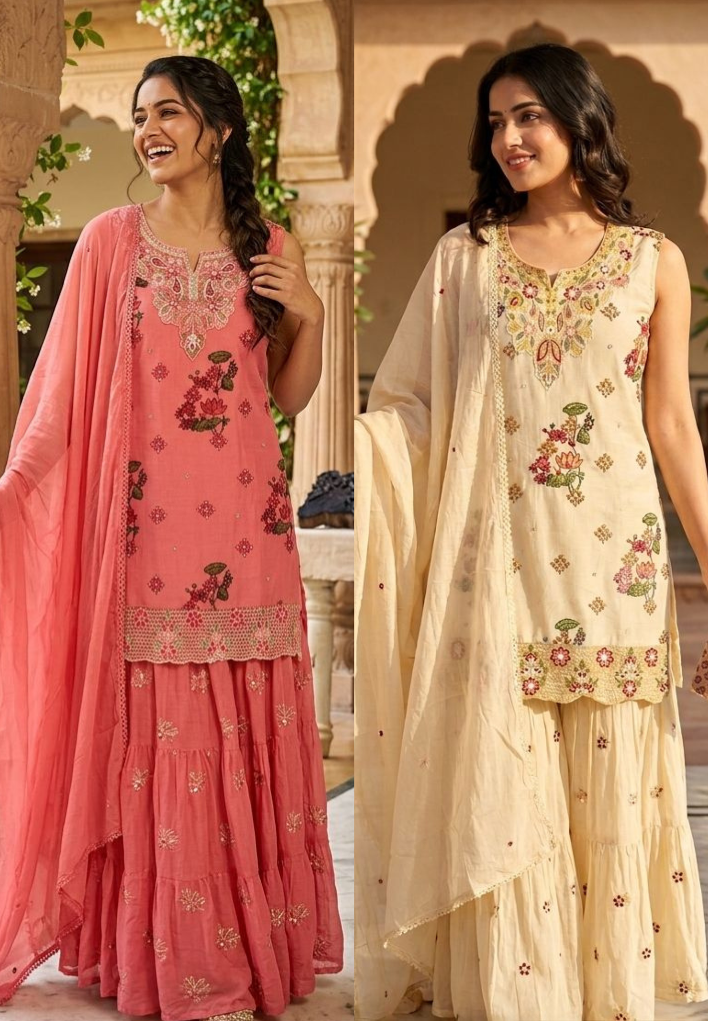 Fuchsia Floral Intricate Detailing Neck Line Printed Sleeveless Full Suit Set With Skirt Bottom & Dupatta- 14112