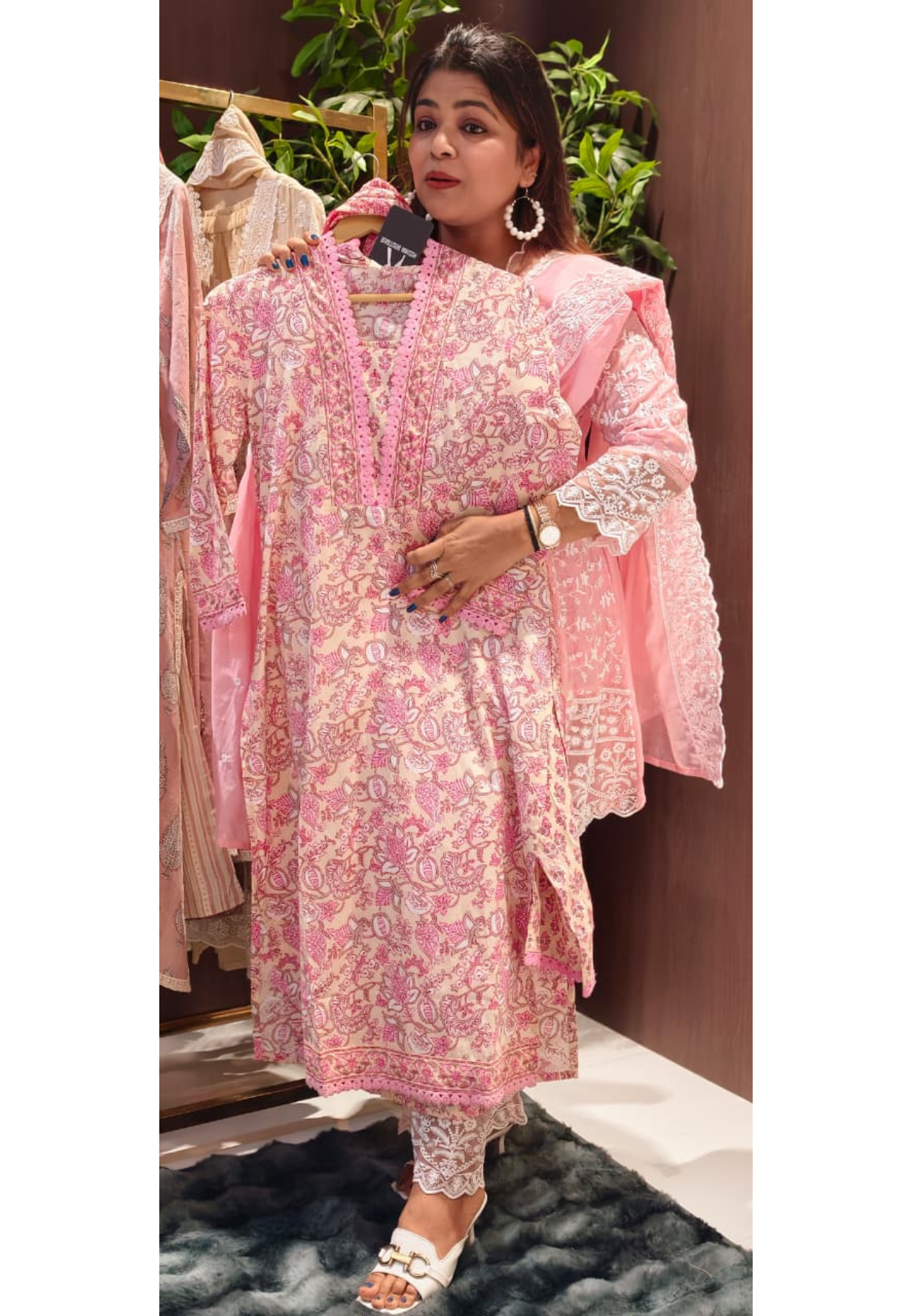 Rosy Petal Blush Floral Printed Cotton Full Suit Set With Dupatta With Crosia Touch-13882