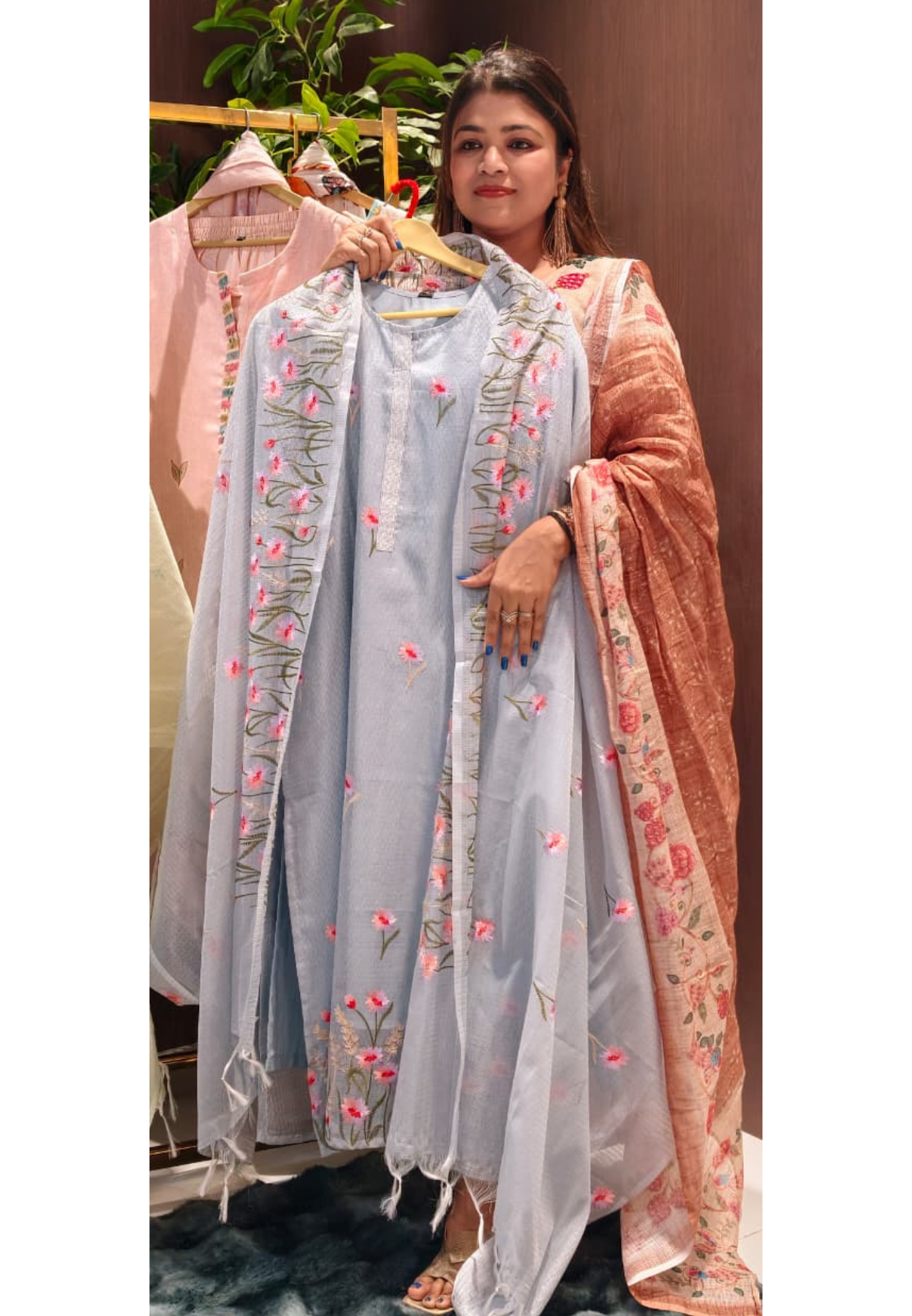 Aqua Floral Intricate Detailing Embroidered Jute Cotton Full Suit Set With Dupatta-13552