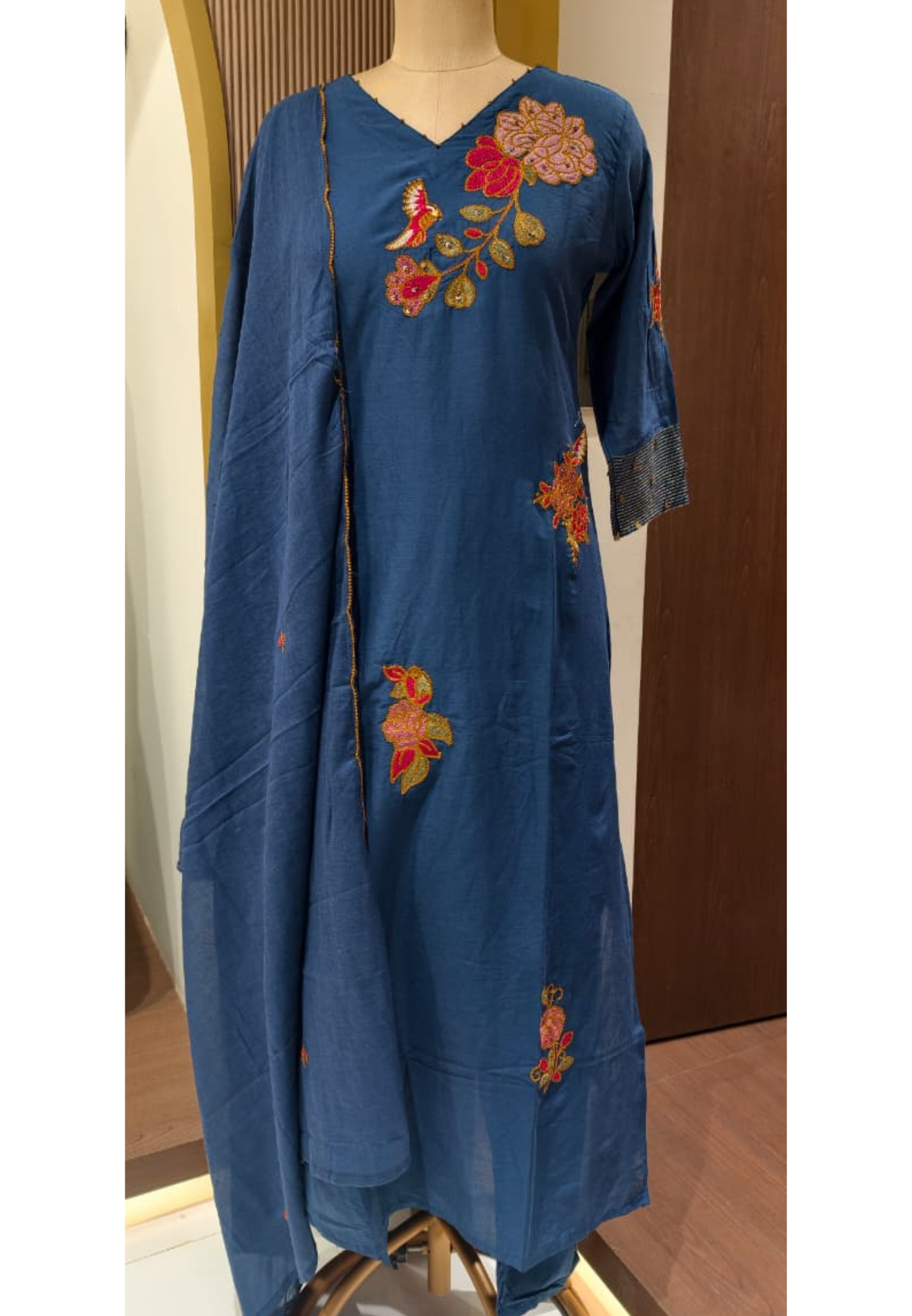 Elegant Navy Blue Kurta with Intricate Multicolor Floral Embroidery Cotton Full Suit-14265 RB203