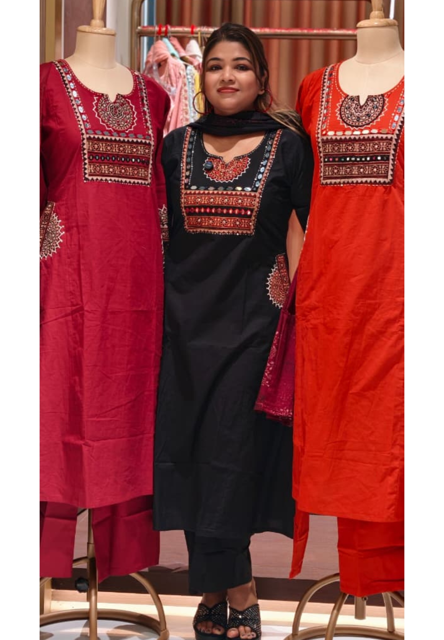 Real Mirror Cotton Full Suit Set with Ethnic Printed Yoke With pockets Bottom and Dupatta-14260 RB199