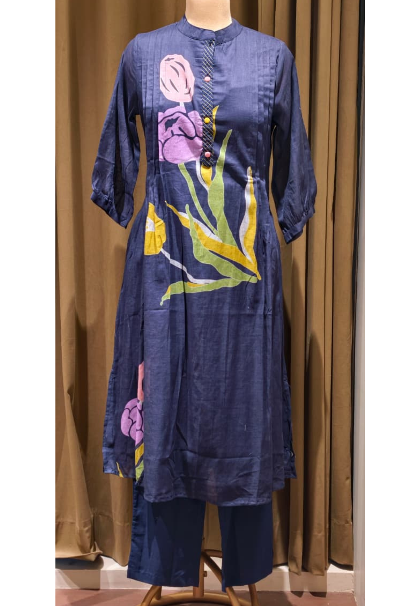 Elegant Navy Blue Mul Cotton Kurta Pant Set with Artistic Floral Print & Pleated Detailing-14485 RB192