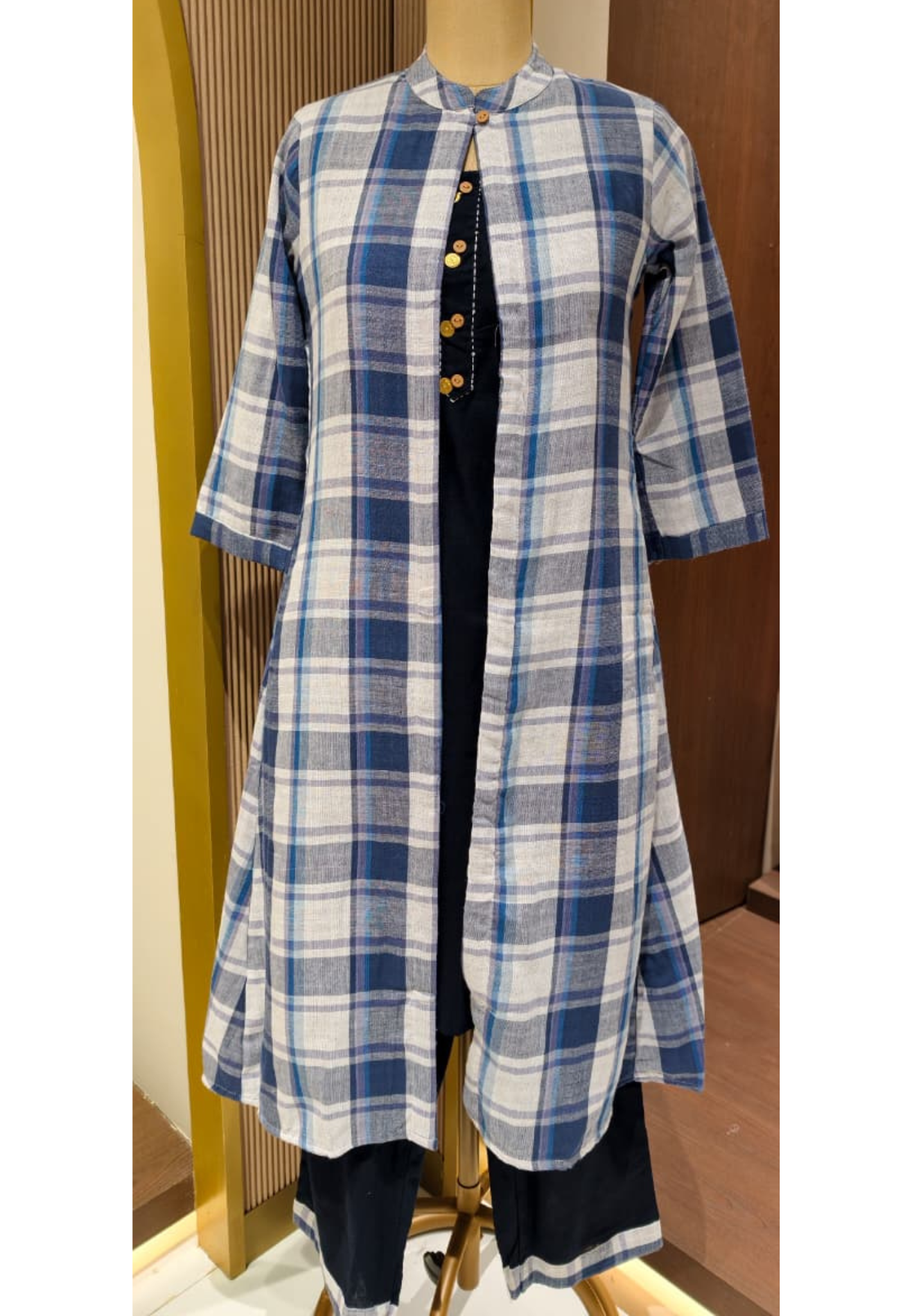 Checks Block 3-Piece Indo Wear Jacket With Kurta Pant Set In Cotton Fabric-14268 RB198