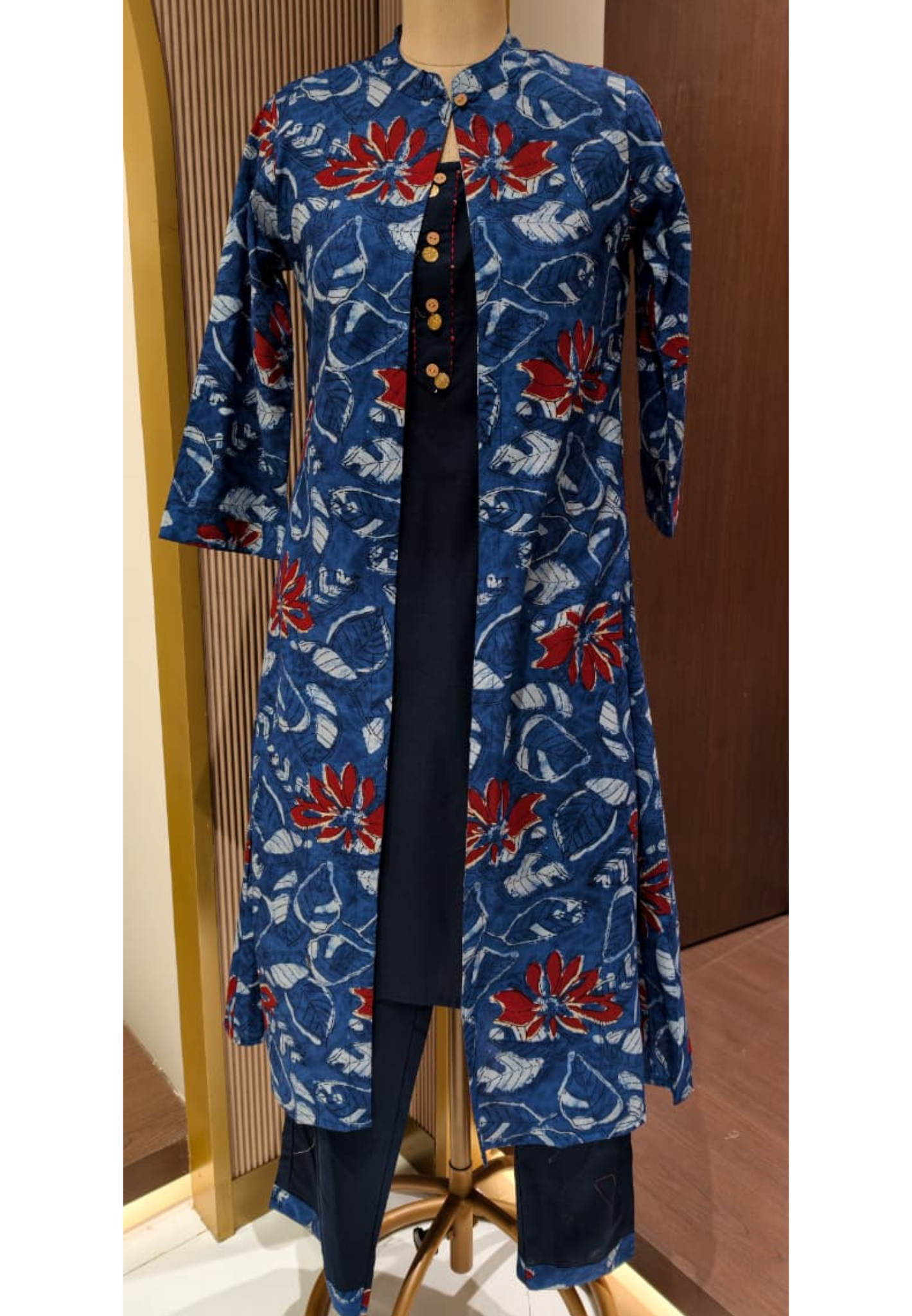 Stylish Blue Cotton Kurta Pant with Attached Printed Overlay Panel & Floral Leaf Motif-14269 RB194