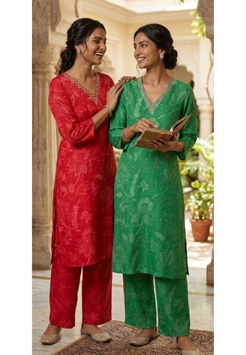 Elegant Muslin Kurta Pant Set with Subtle Self Print & Intricate Hand Embellished Neckline-14256 RB224