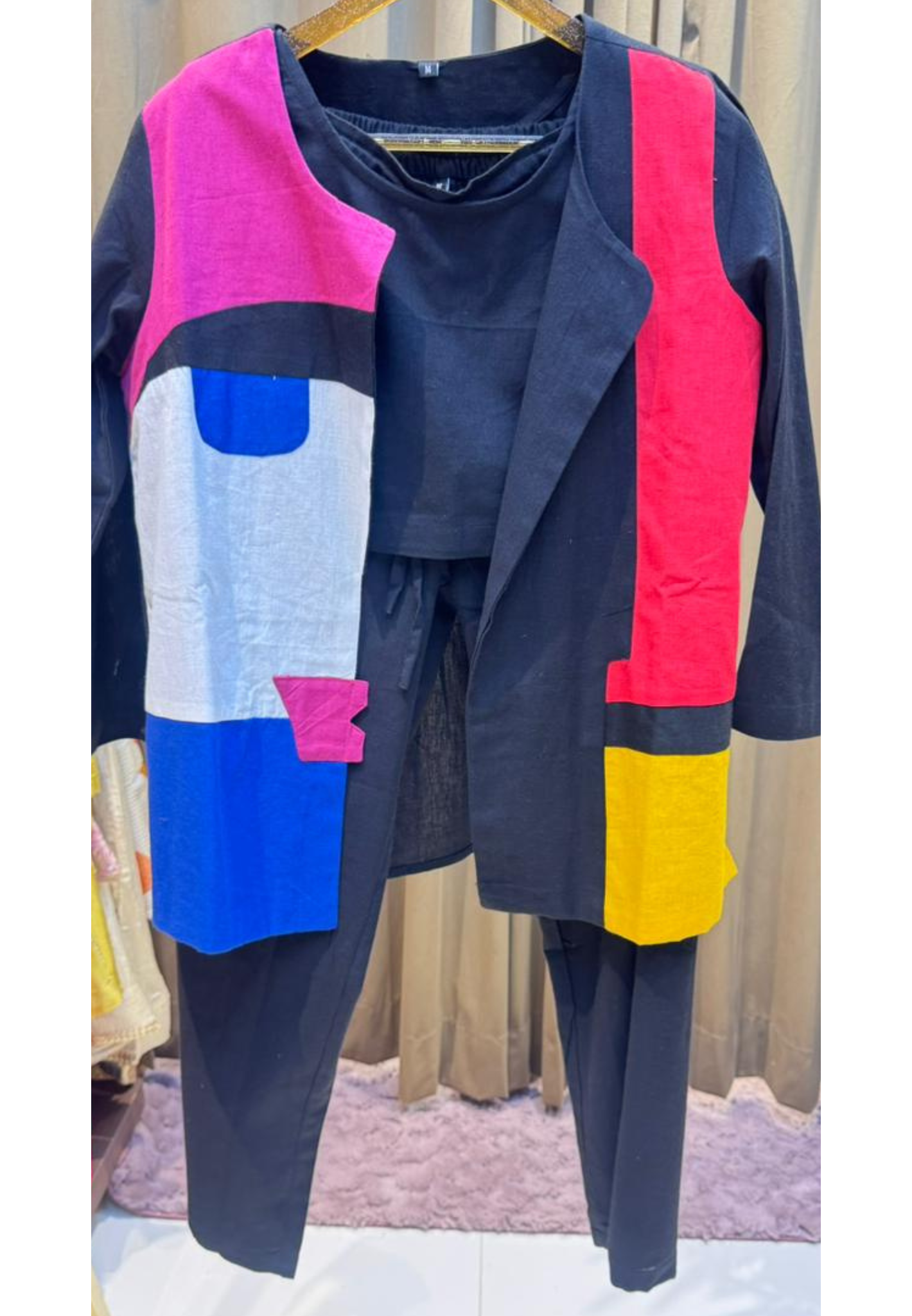 Multi Color Half Faced Look Stylish Cotton Co-Ord Set With Buster & Jacket