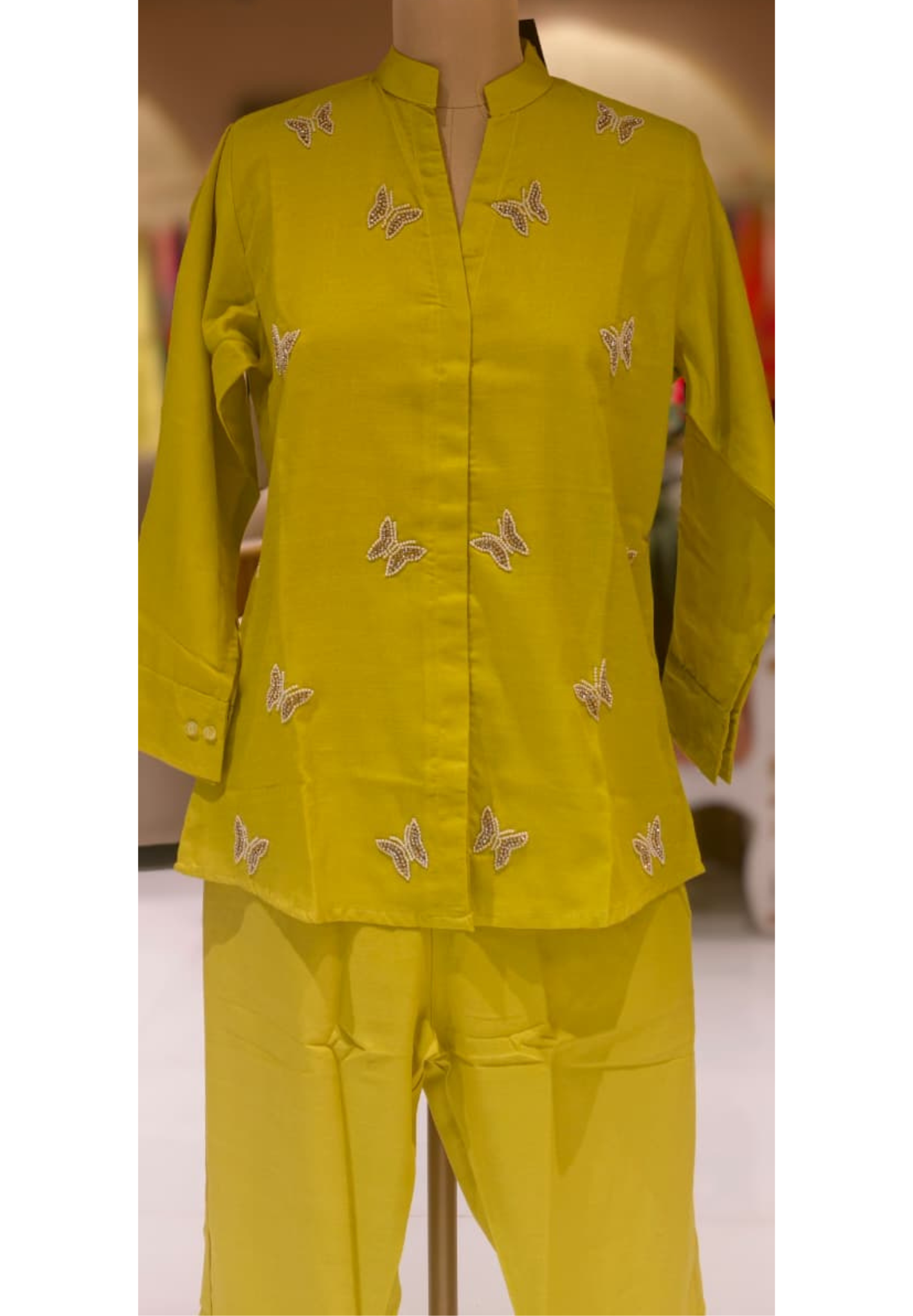 Lime Puch Elegant Cute Tiny Butterfly Placements Solid Co-Ord Set In Linen Cotton Fabric-14338 RB227