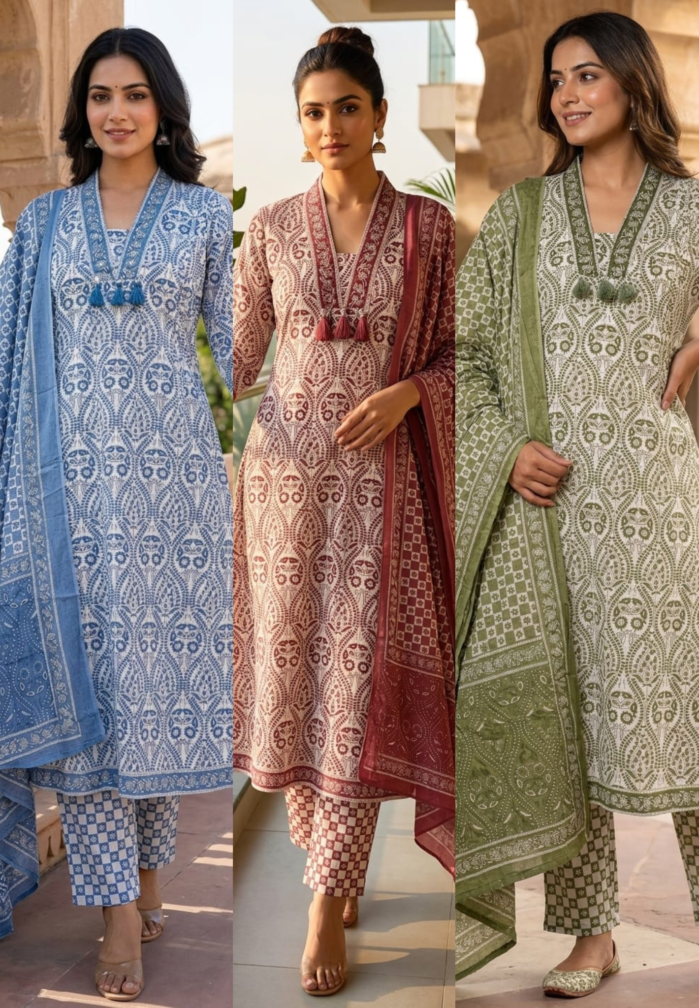 Intricate Block Prints & Sequin DetailiG On Neckline Cotton Full Suit Set With Dupatta- 14301 RB249
