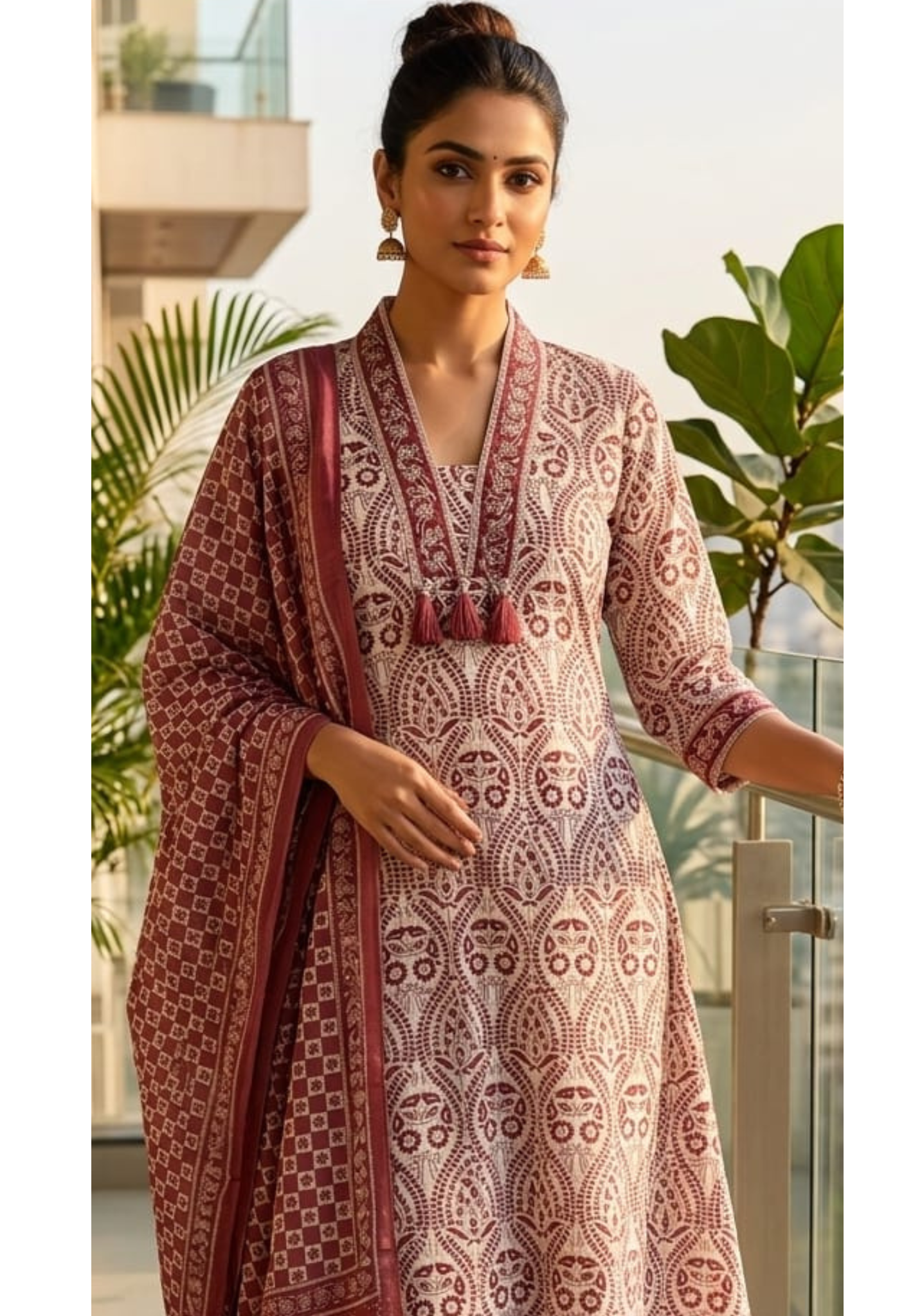 Intricate Block Prints & Sequin DetailiG On Neckline Cotton Full Suit Set With Dupatta- 14301 RB249