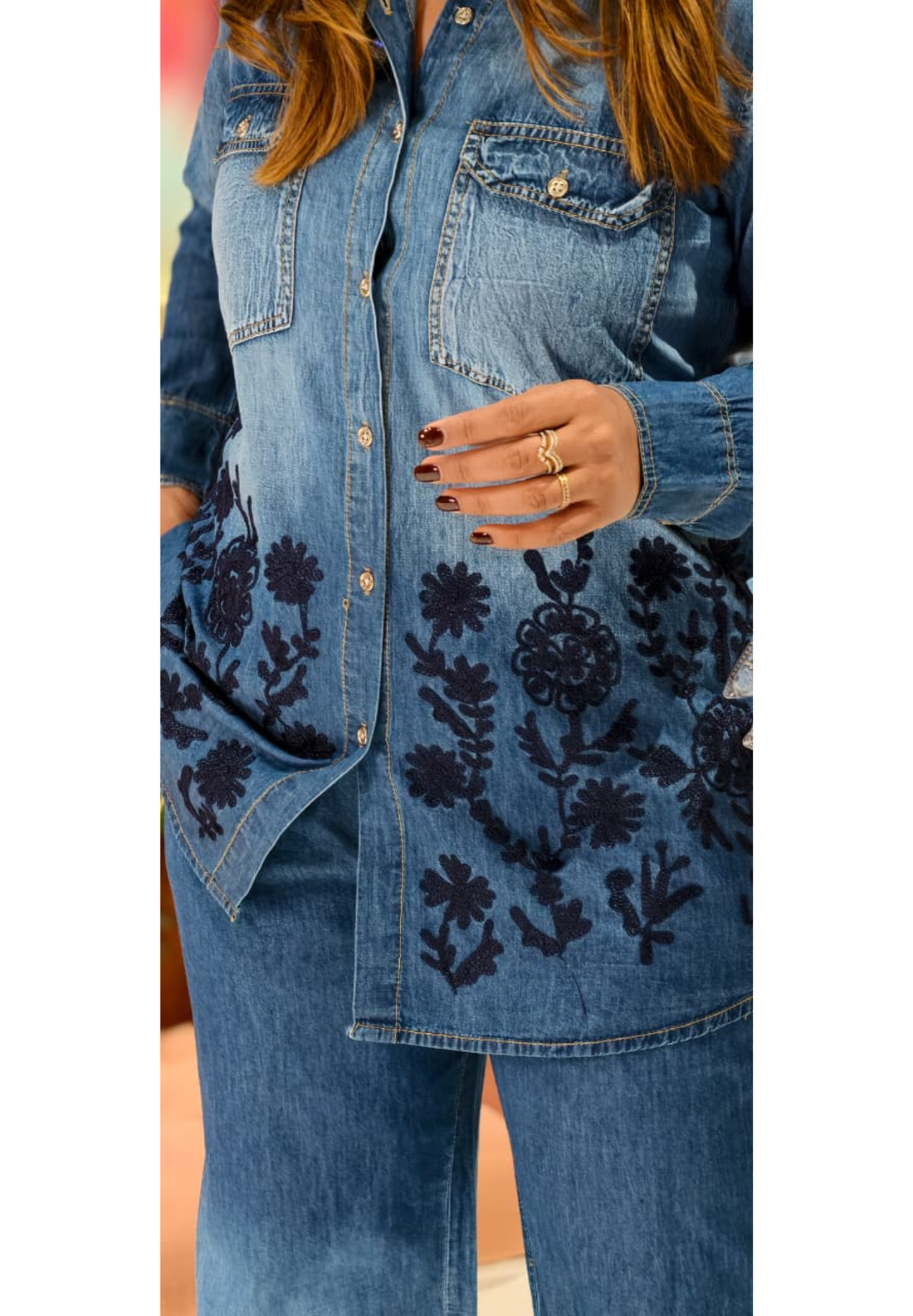 Unique Contemporary Look Floral Ombre Denim Embroidered Co-Ord Set- 14464