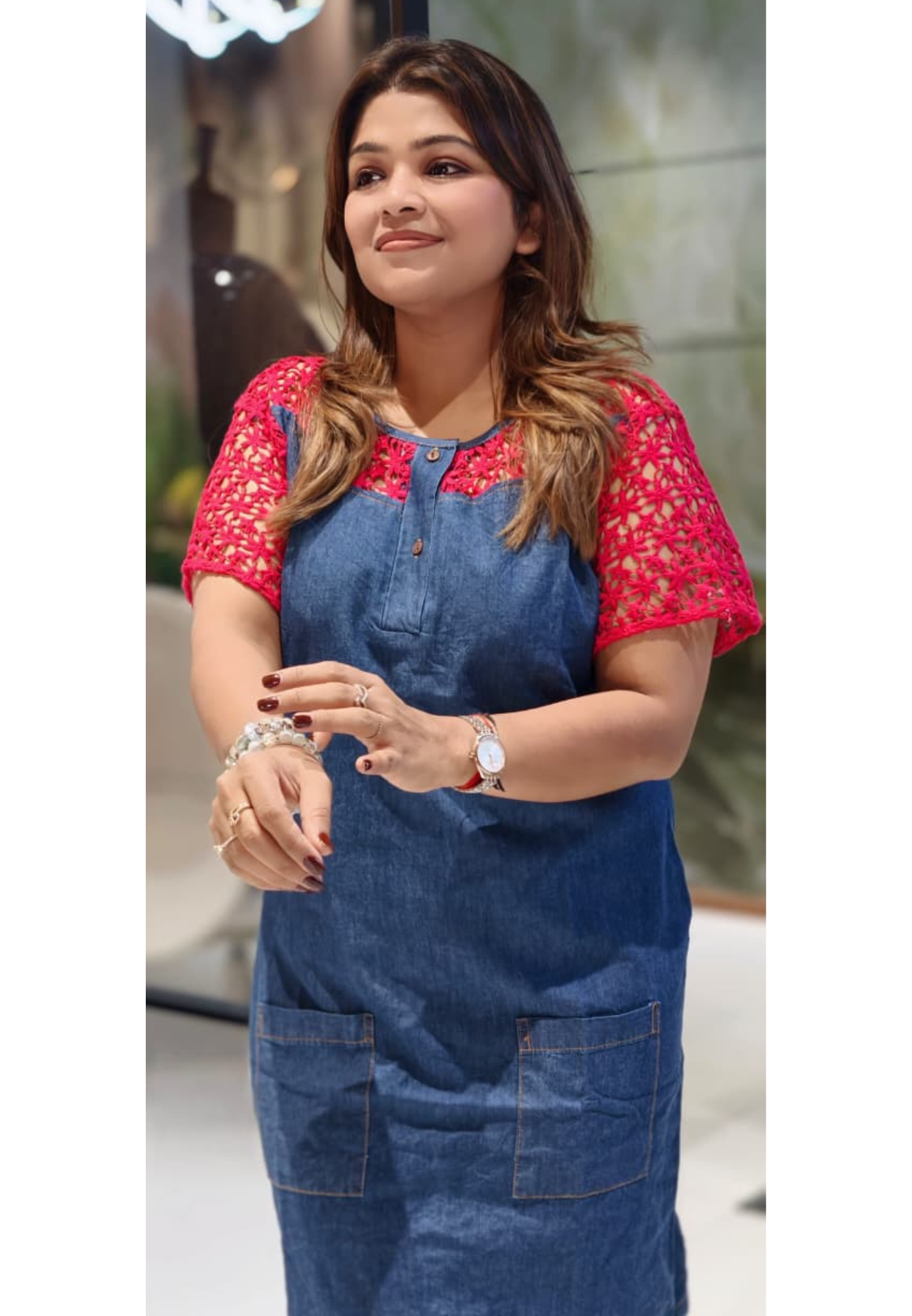 Denim Shift Dress with Floral Lace Sleeves & Dual Pockets- 14469
