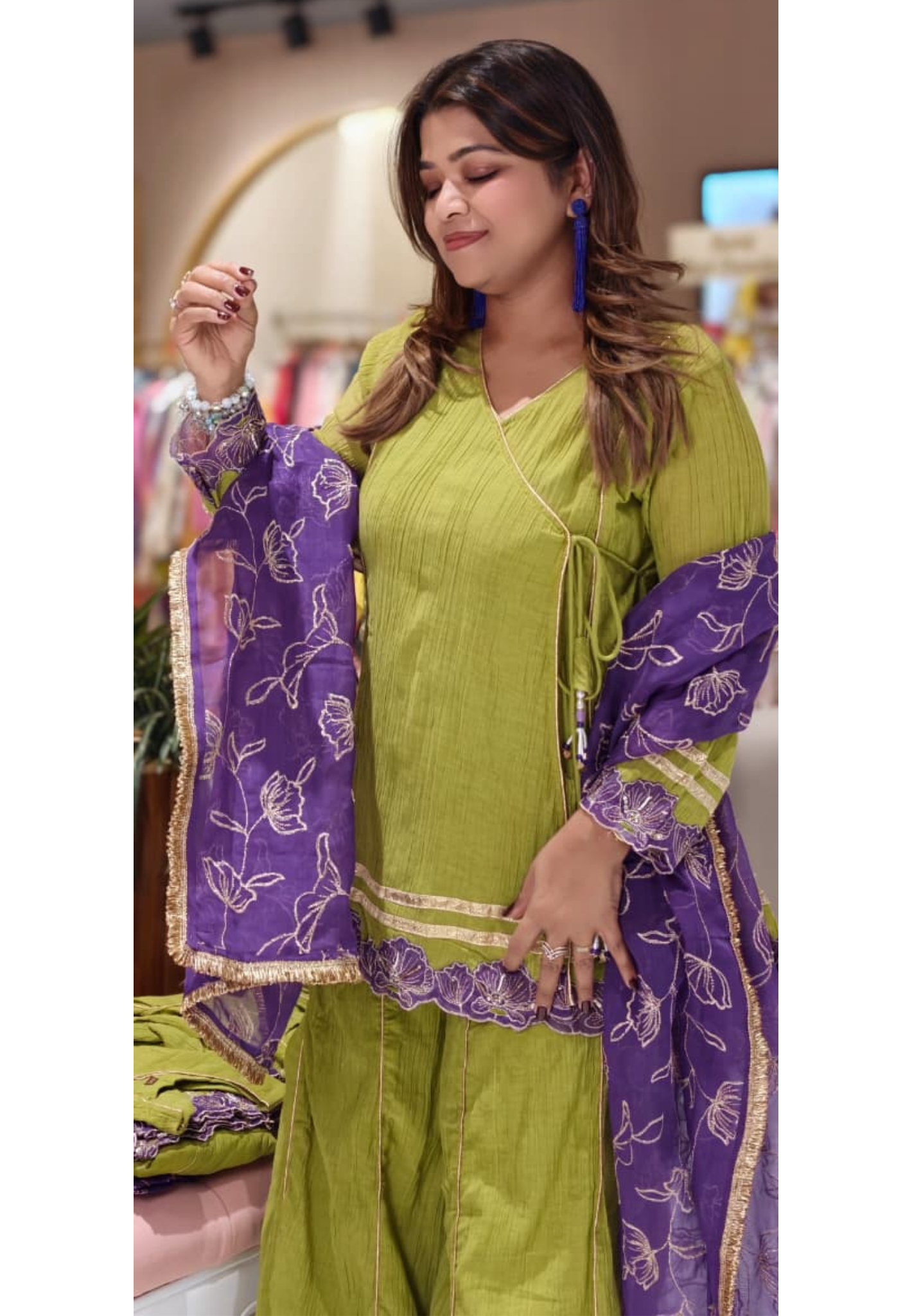 Angrakha Style Premium Olive Green Kurta Palazzo Set with Embroidered Hem & Contrast Purple Dupatta-14217 RB321