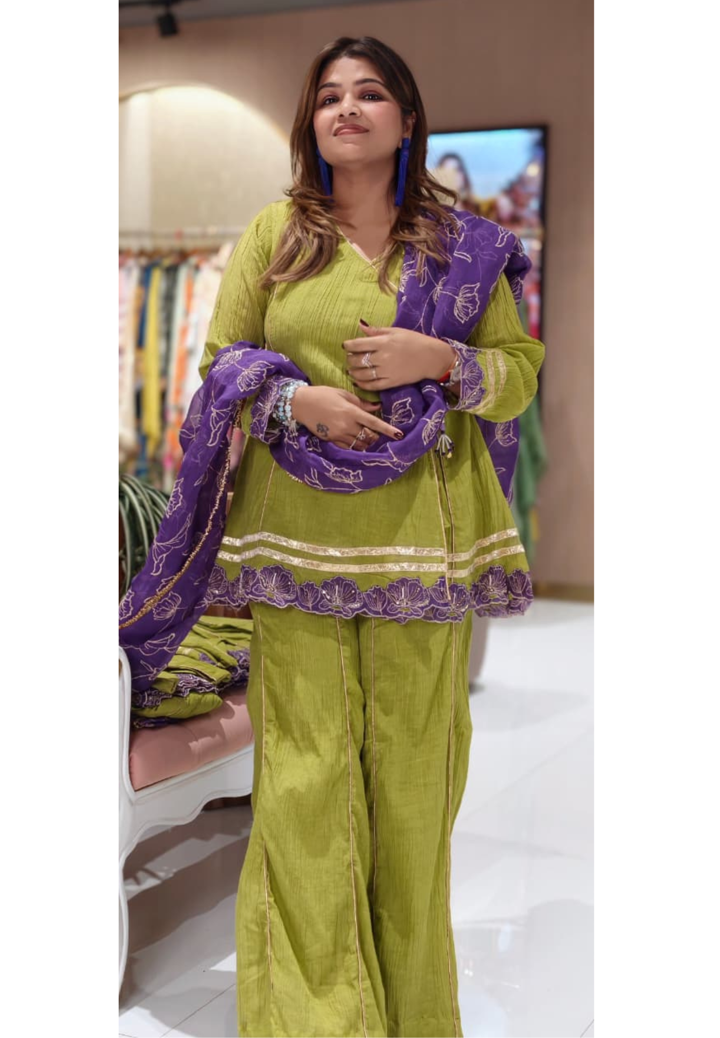 Angrakha Style Premium Olive Green Kurta Palazzo Set with Embroidered Hem & Contrast Purple Dupatta-14217 RB321