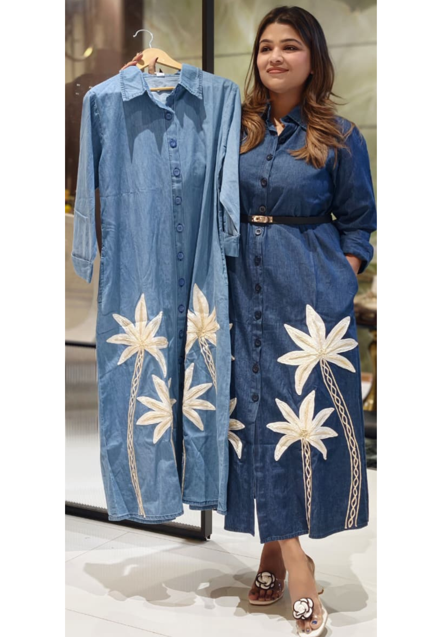 Chic Palm Embroidery Denim Longline Denim Shirt Dress- 14465 Loose Fit (Belt Only For Reference)