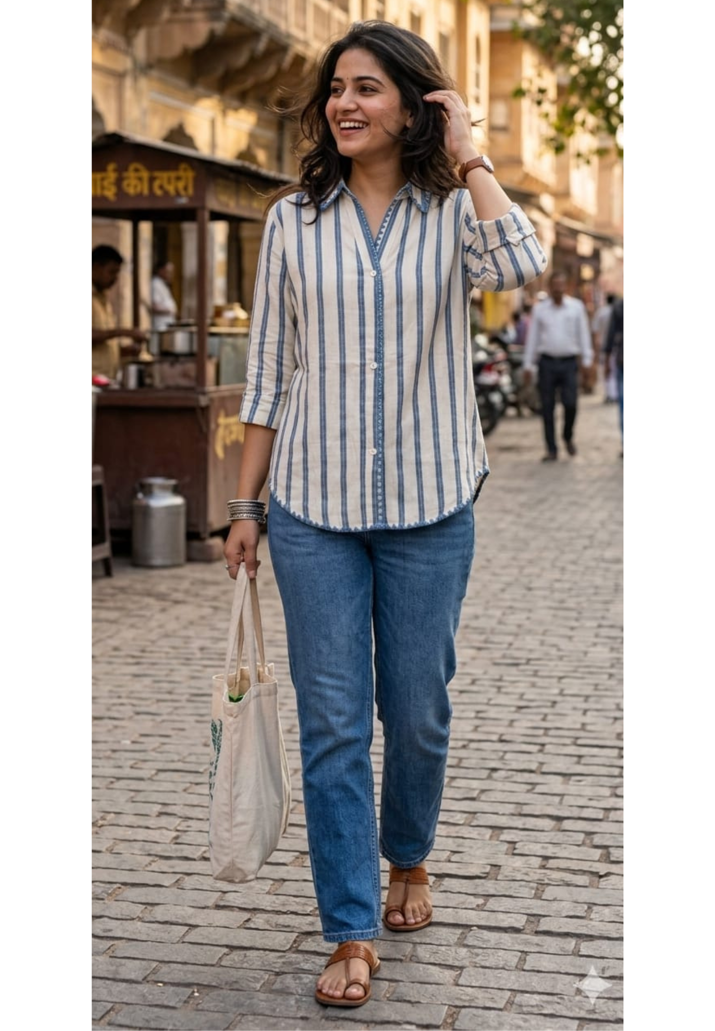 Aura Blue Striped Thread Work Embroidered Imported Fabric Shirt- 14431