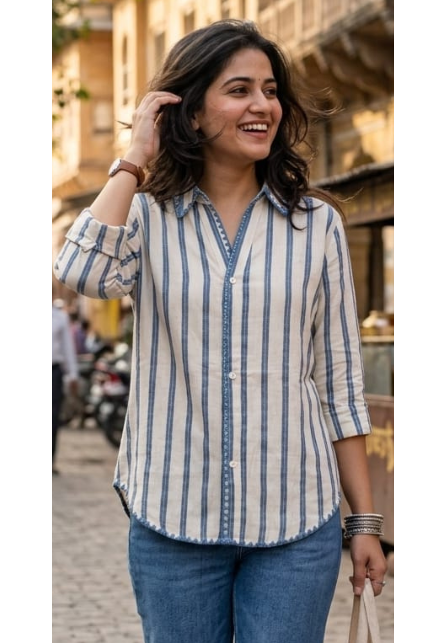 Aura Blue Striped Thread Work Embroidered Imported Fabric Shirt- 14431