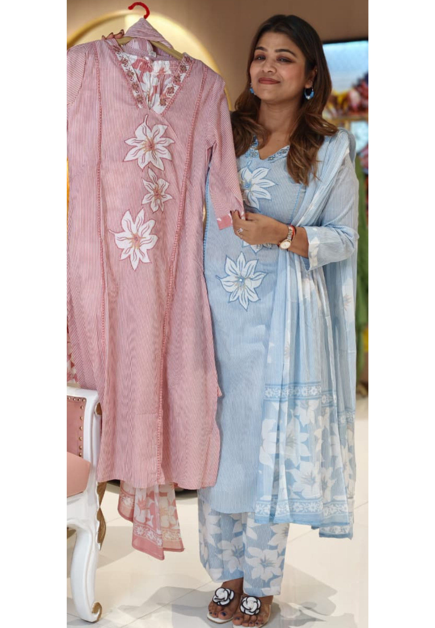 Blooming Stripes Hand-Painted Floral Breathable Cotton Full Suit Set With Dupatta- 14303  RB295