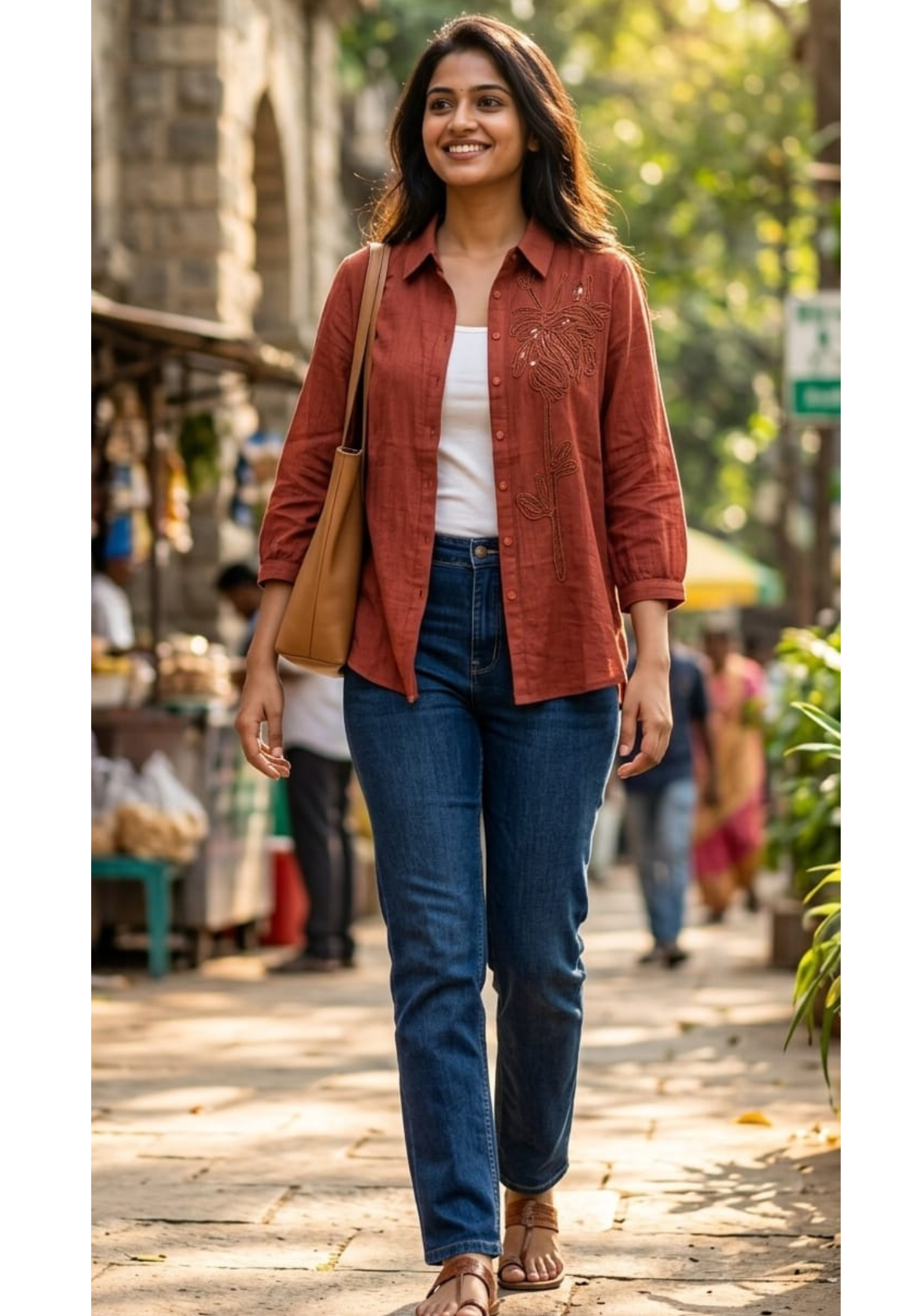 Rust Radiance Hand-Embroidered Floral Motif Textured Imported Shirt- 14427