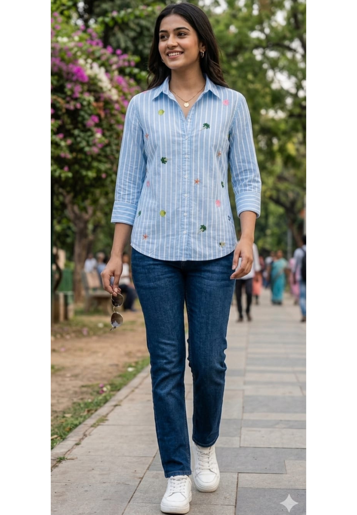 Sky Blue Striped Cotton Shirt with Colorful Tropical Embroidery- 14471
