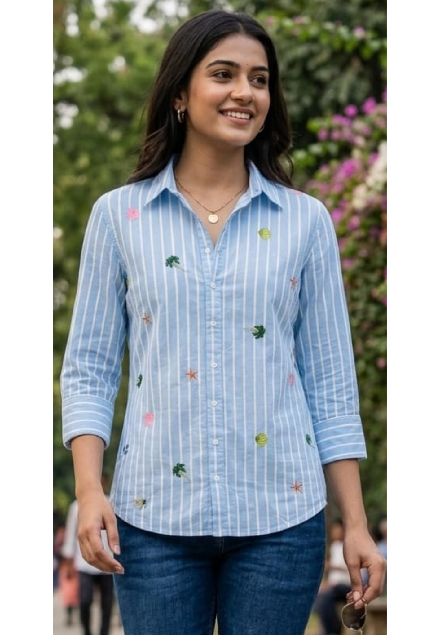 Sky Blue Striped Cotton Shirt with Colorful Tropical Embroidery- 14471
