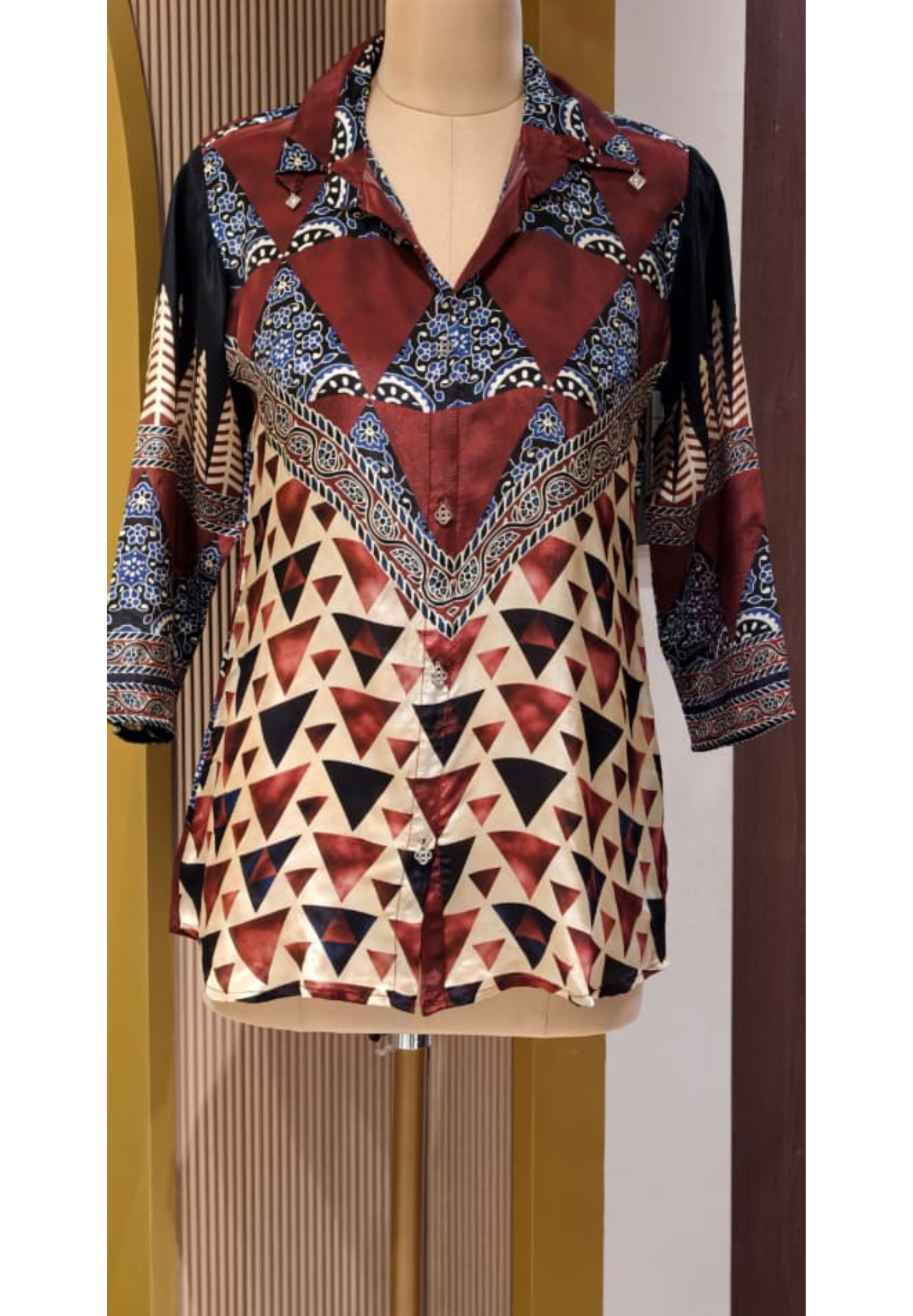 Teal Mandala Geometric Upside Down Printed Crepe Shirt-14479 RB305