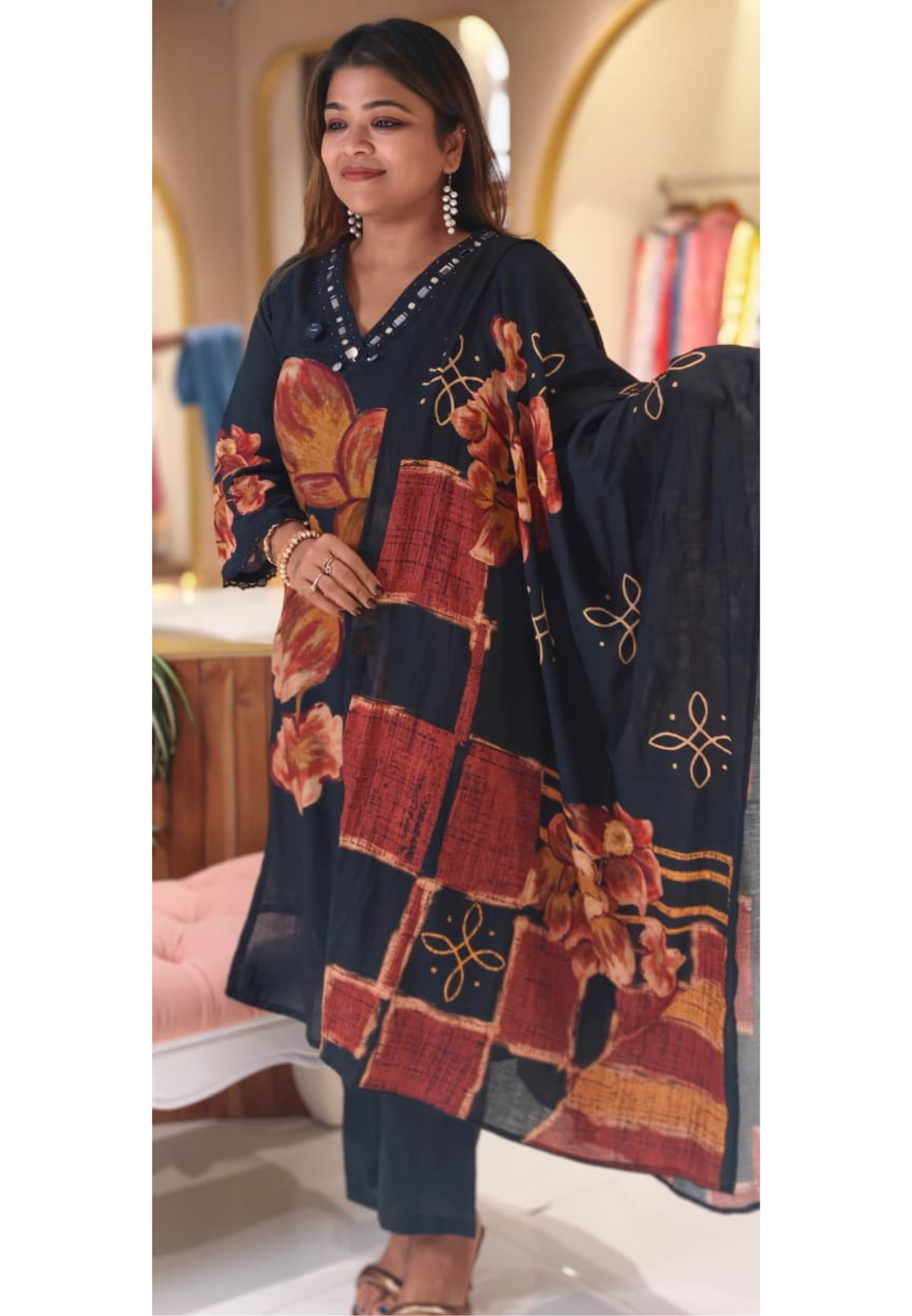 Giant Petal Print Real Mirror Neck Line Coin Tassel Accent Linen Full Suit Set With Dupatta- 14443  RB292