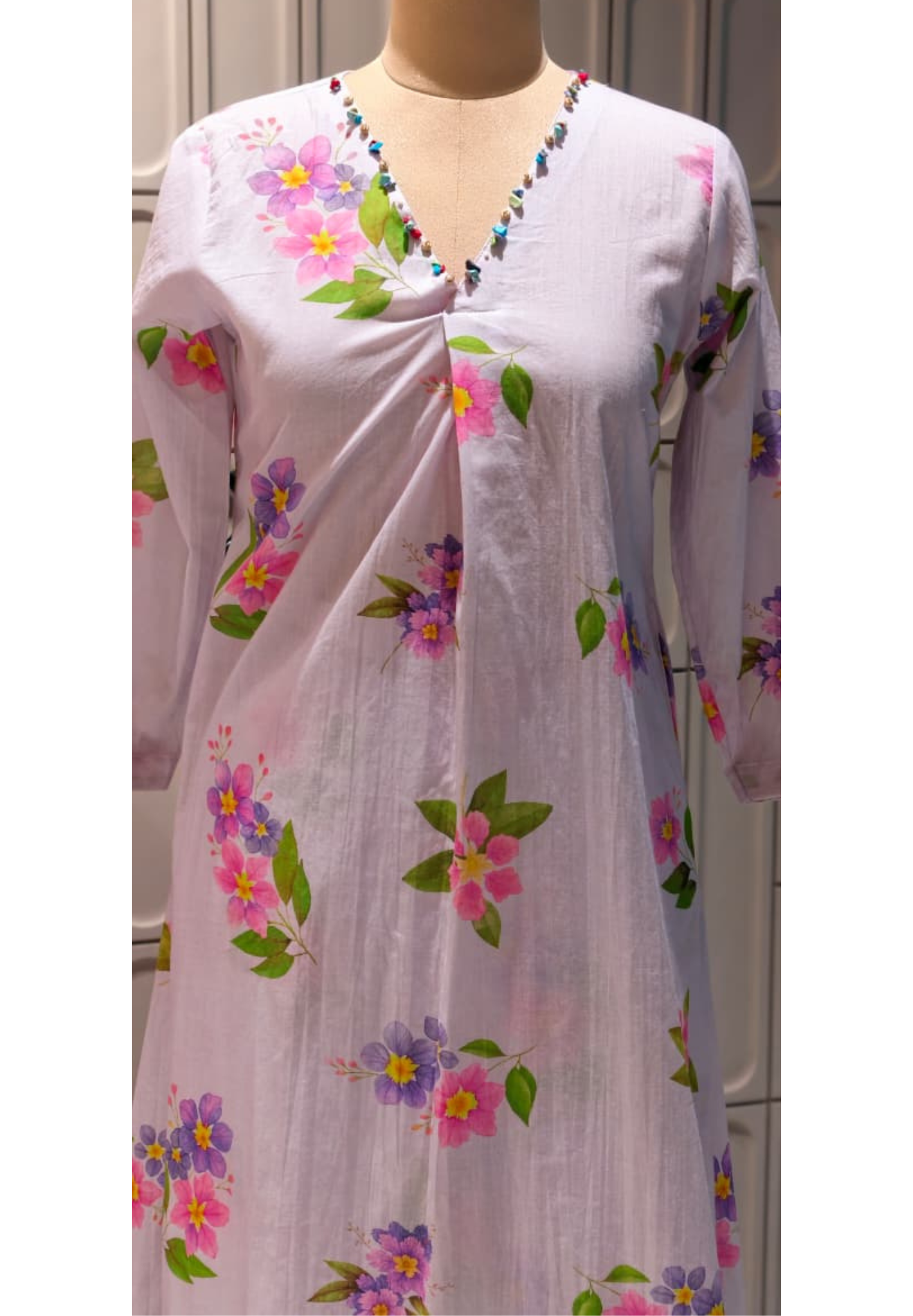 Pastel Lavender A-Line Soft Cotton Floral Printed Kurta with Beaded Neckline And Loose Bottom-14491  RB289