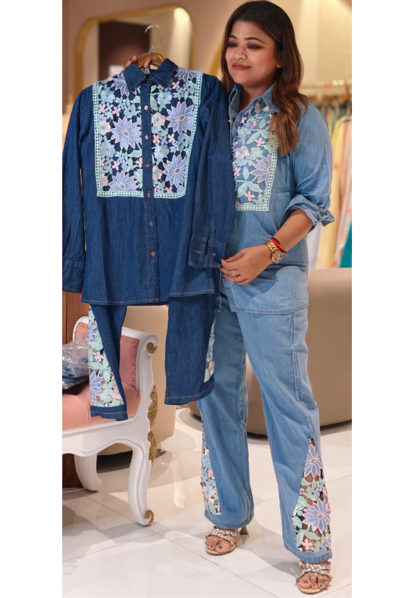 Boho-Chic Denim Co-ord Set with Pastel Floral Lace Appliqué- 14517 (LEAN FIT) RB312