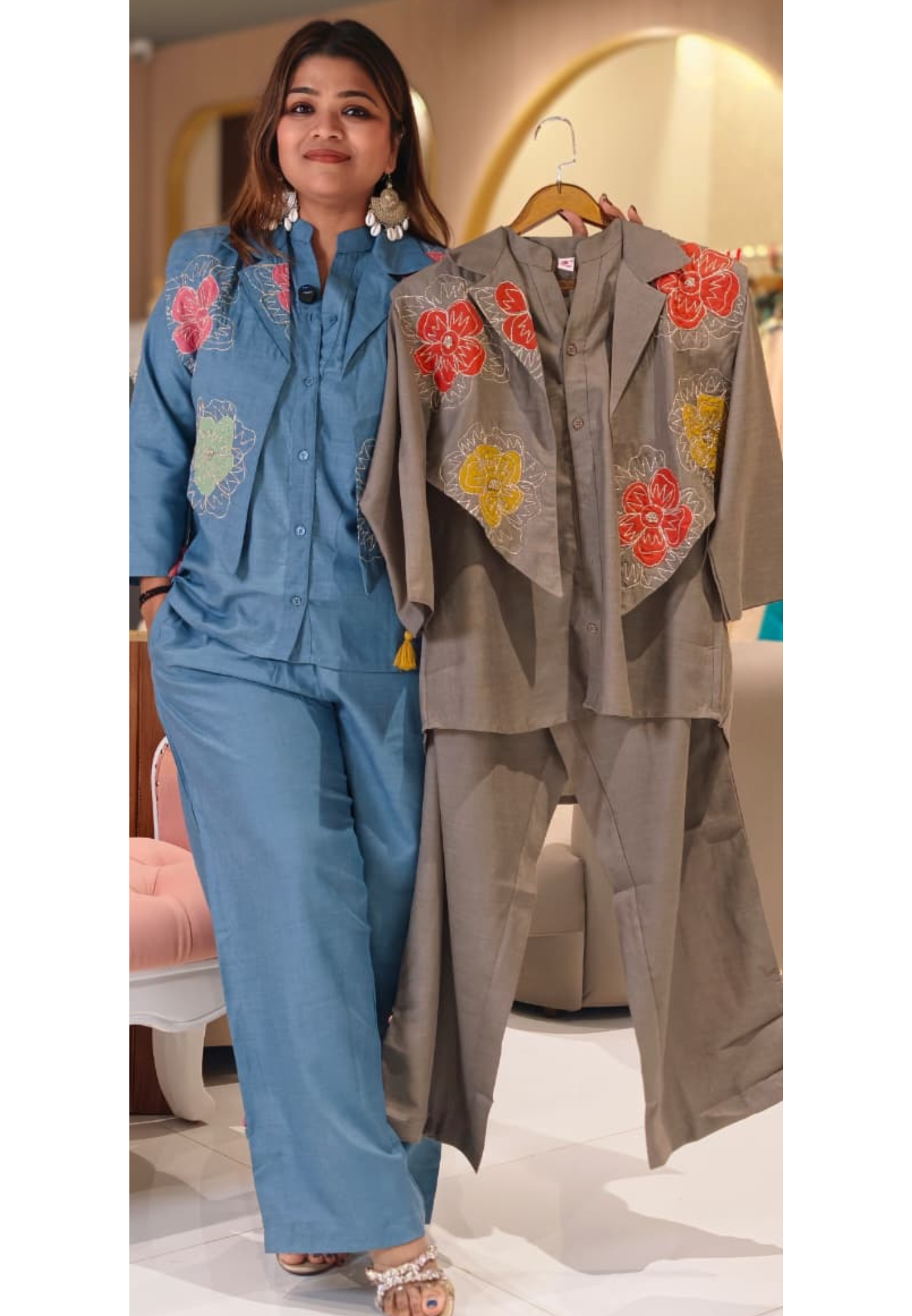 Chic Three-Piece Co-Ord Set with Intricate Floral Embroidery Detechable Jacket- 14521 RB315